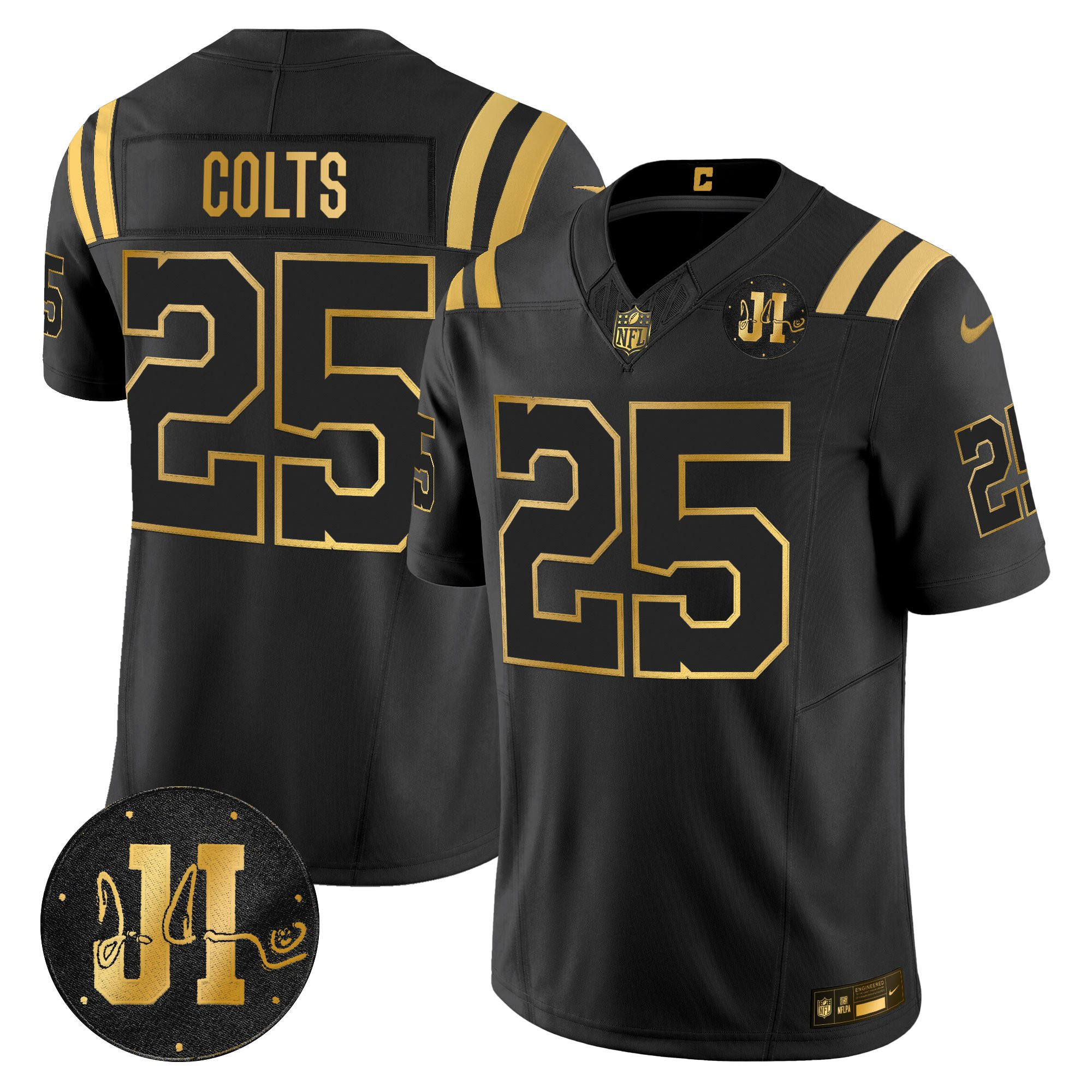 #25 Colts Men's Indianapolis Colts 2025 Jim Irsay Patch Gold Vapor Limited Black Gold Jersey - All Stitched