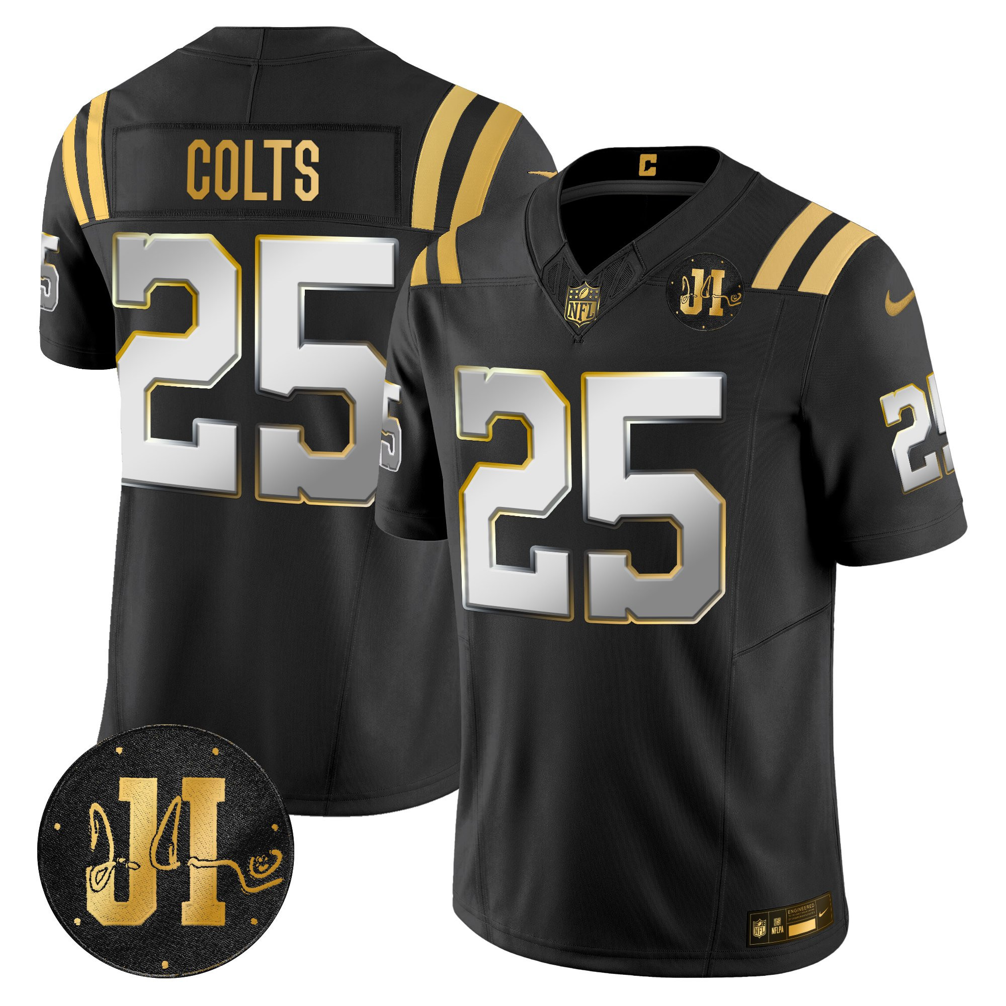 #25 Colts Men's Indianapolis Colts 2025 Jim Irsay Patch Gold Vapor Limited Black Limited Jersey - All Stitched