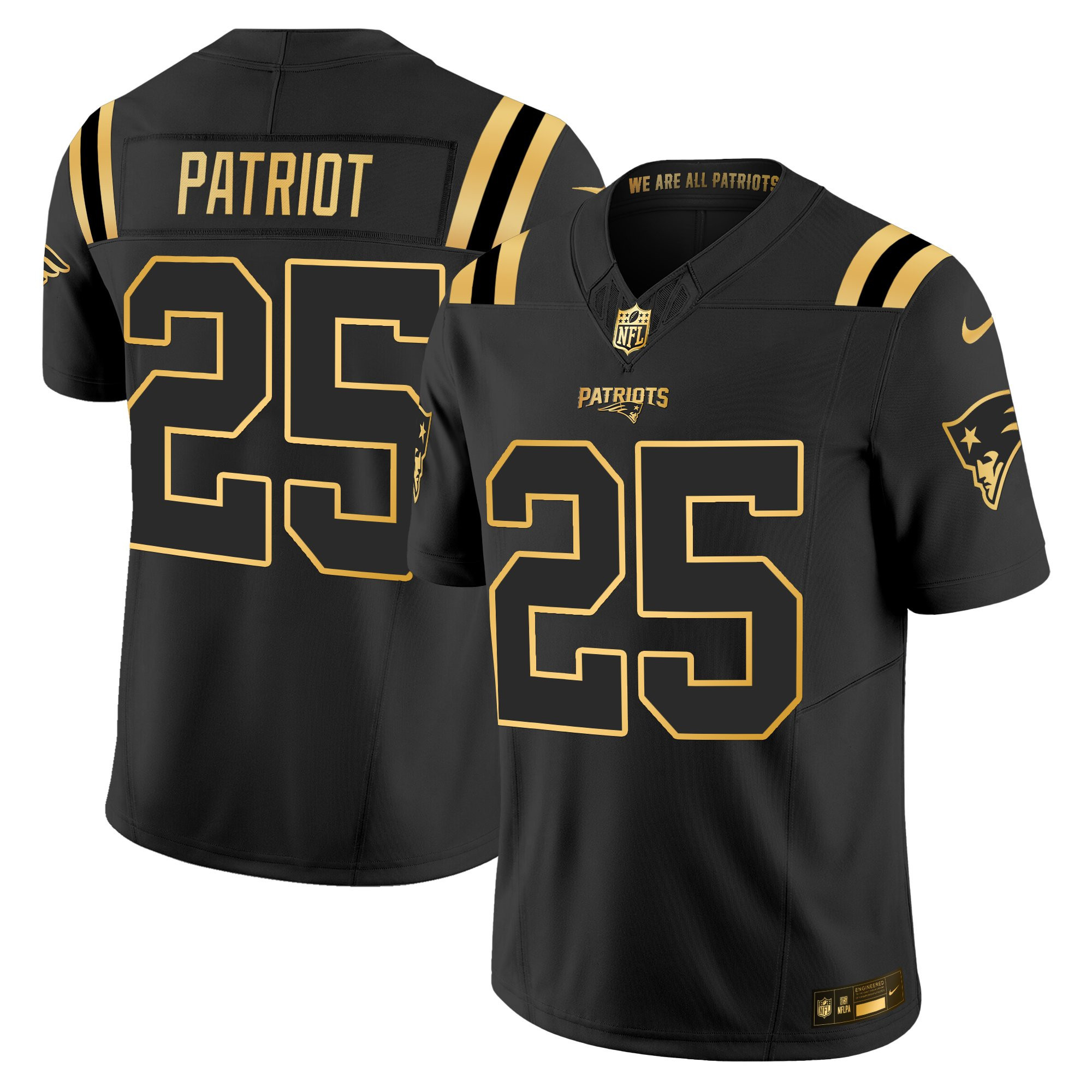 #25 Patriot Men's New England Patriots 2025 Gold Vapor Limited Black Gold Jersey - All Stitched