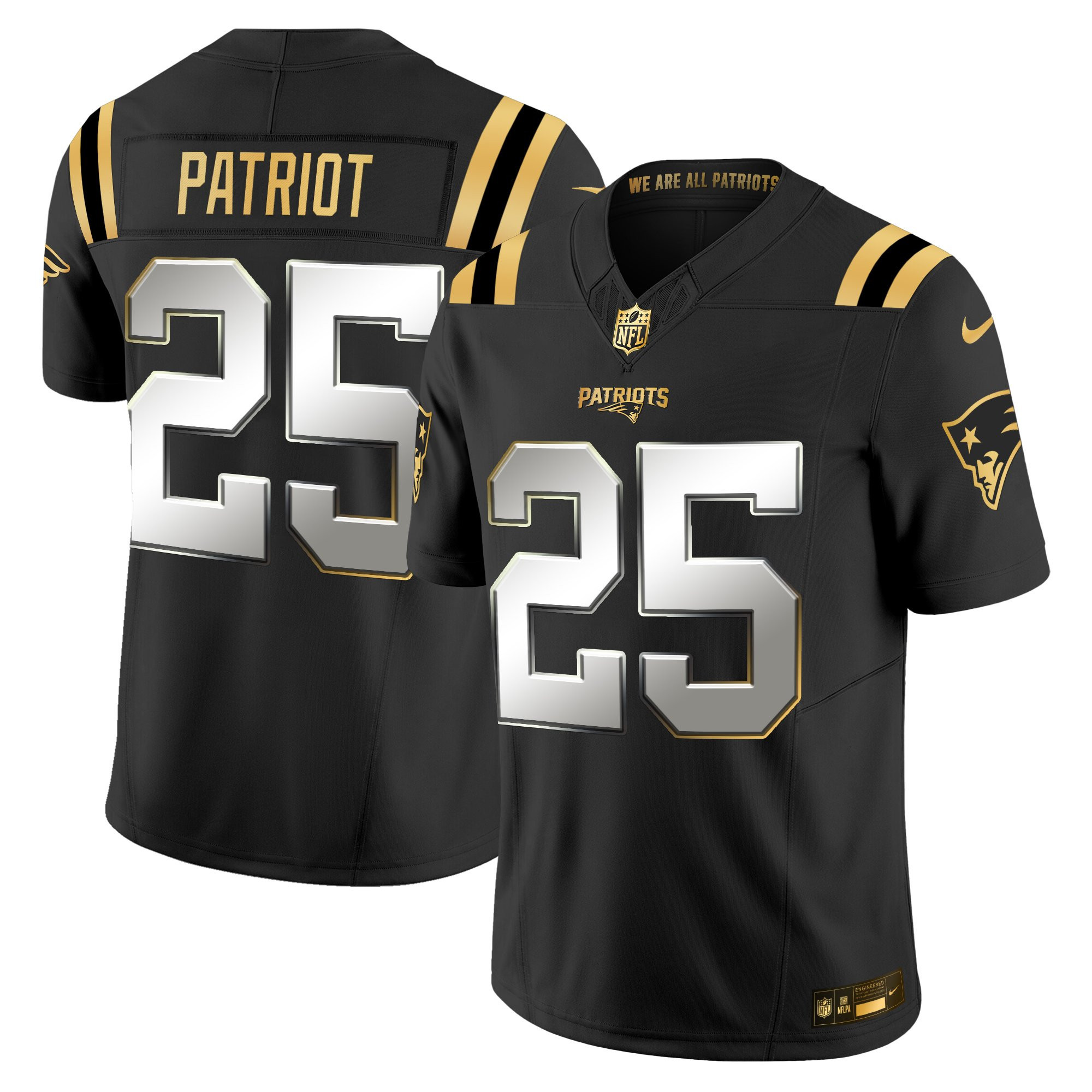 #25 Patriot Men's New England Patriots 2025 Gold Vapor Limited Black Limited Jersey - All Stitched