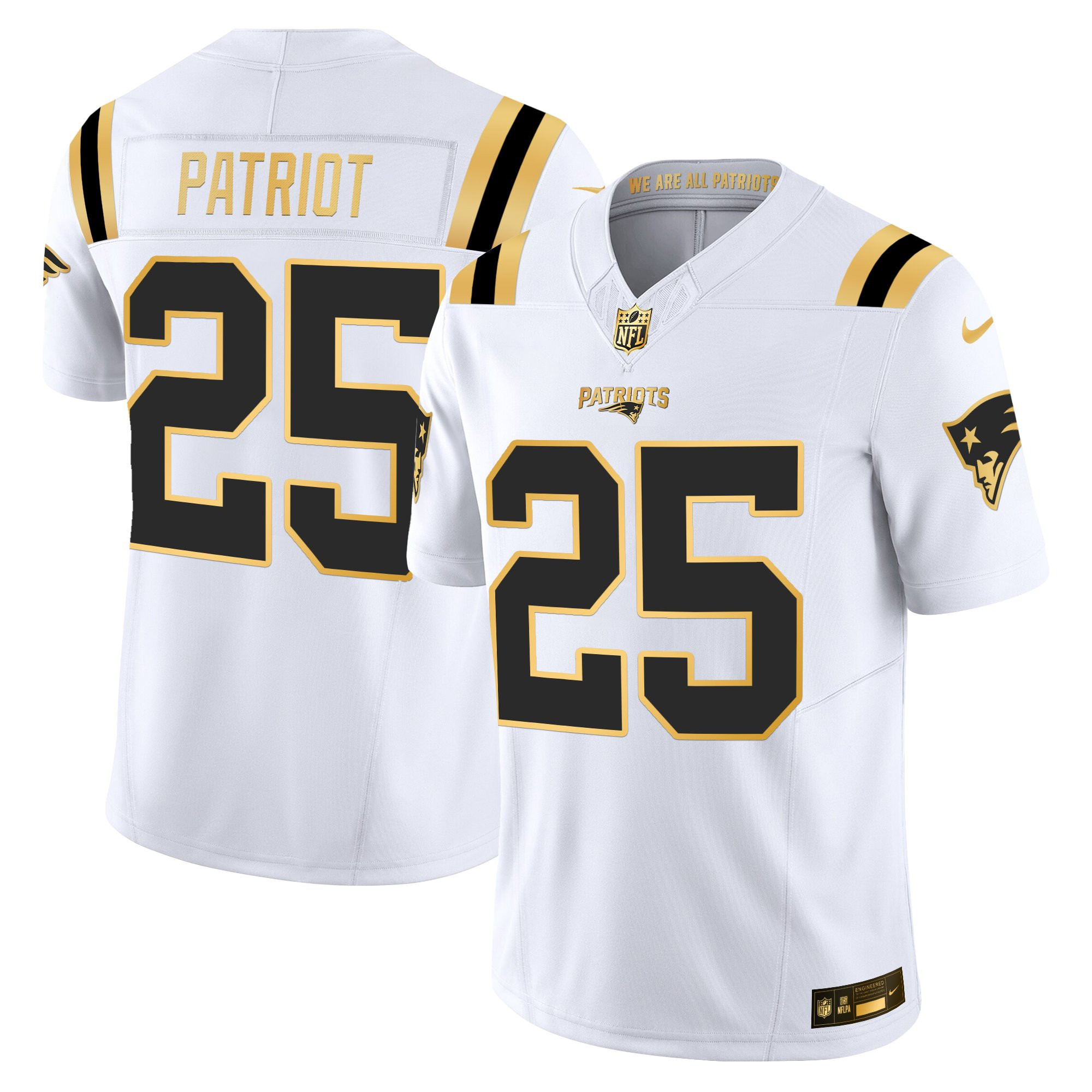 #25 Patriot Men's New England Patriots 2025 Gold Vapor Limited White Gold Jersey - All Stitched