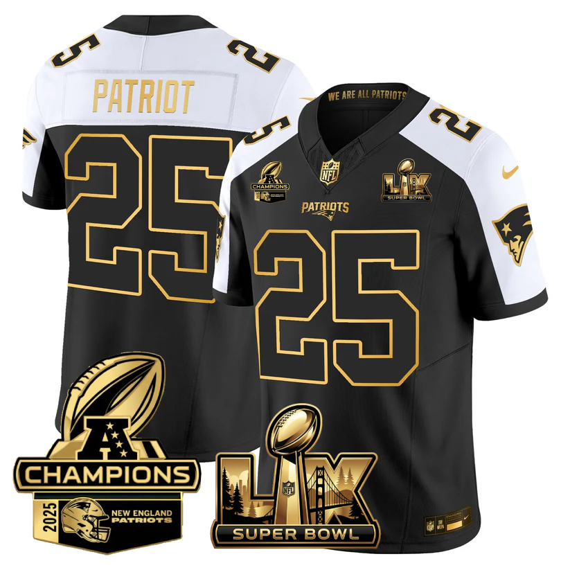 #25 Patriot New England Patriots Super Bowl LX - AFC Champions Patch Gold Vapor Limited Alternate Jersey - All Stitched