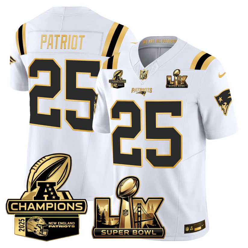 #25 Patriot New England Patriots Super Bowl LX - AFC Champions Patch Gold Vapor Limited White Gold Jersey - All Stitched