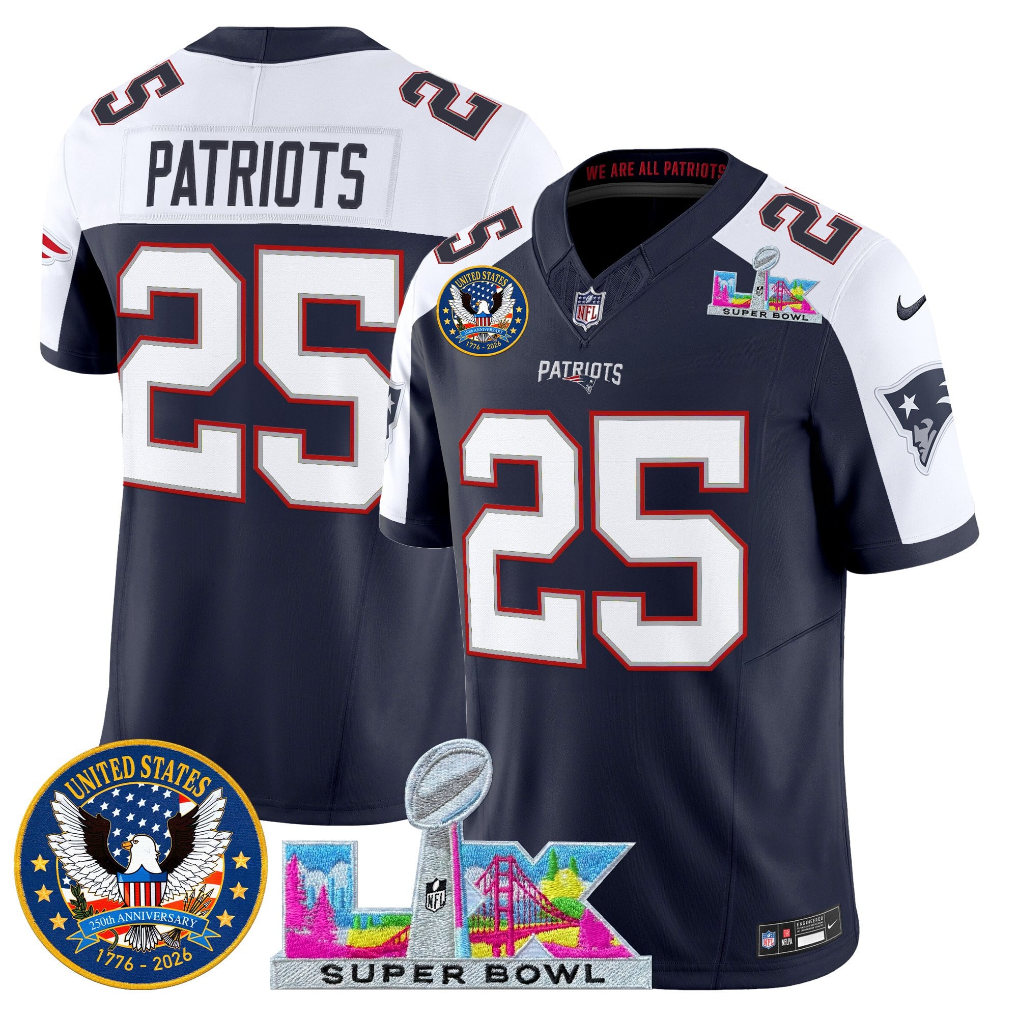 #25 Patriots Men's New England Patriots “Super Bowl LX & United States 250th Patch” Vapor Limited Navy Alternate Jersey - All Stitched