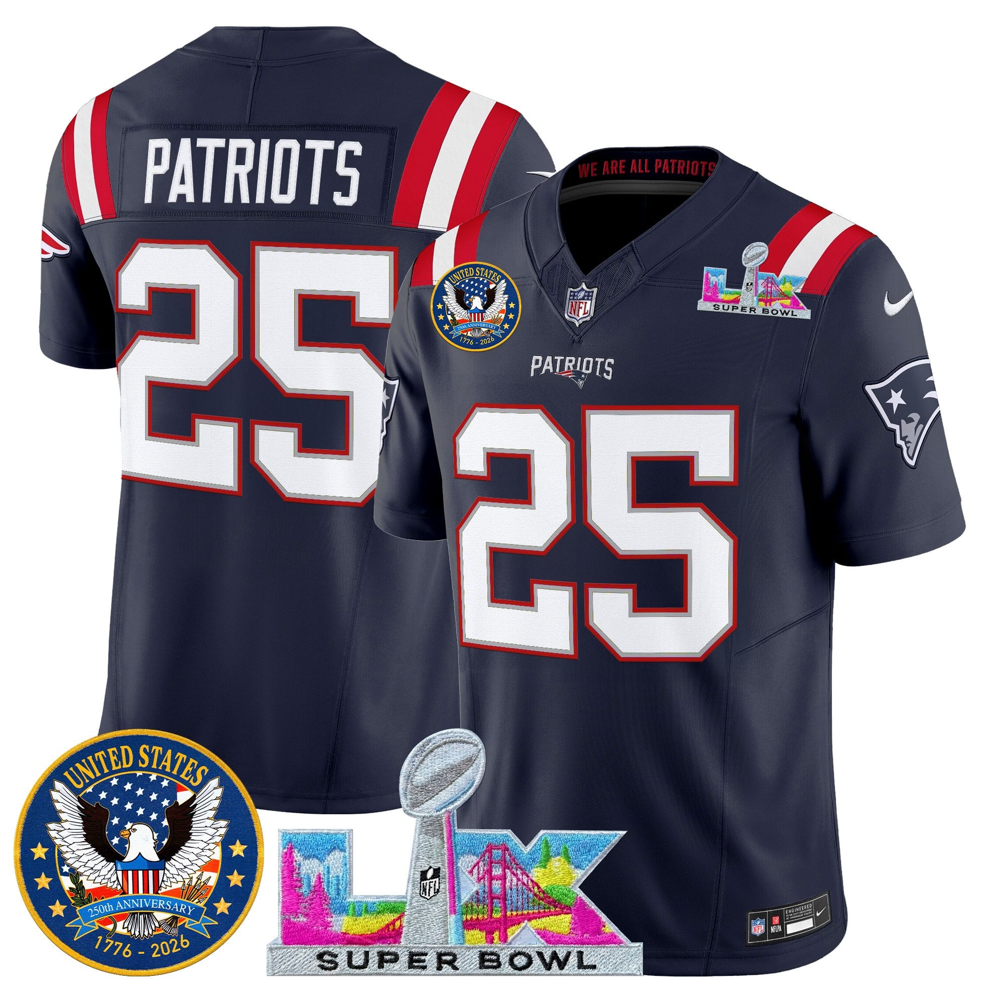 #25 Patriots Men's New England Patriots “Super Bowl LX & United States 250th Patch” Vapor Limited Navy Jersey - All Stitched