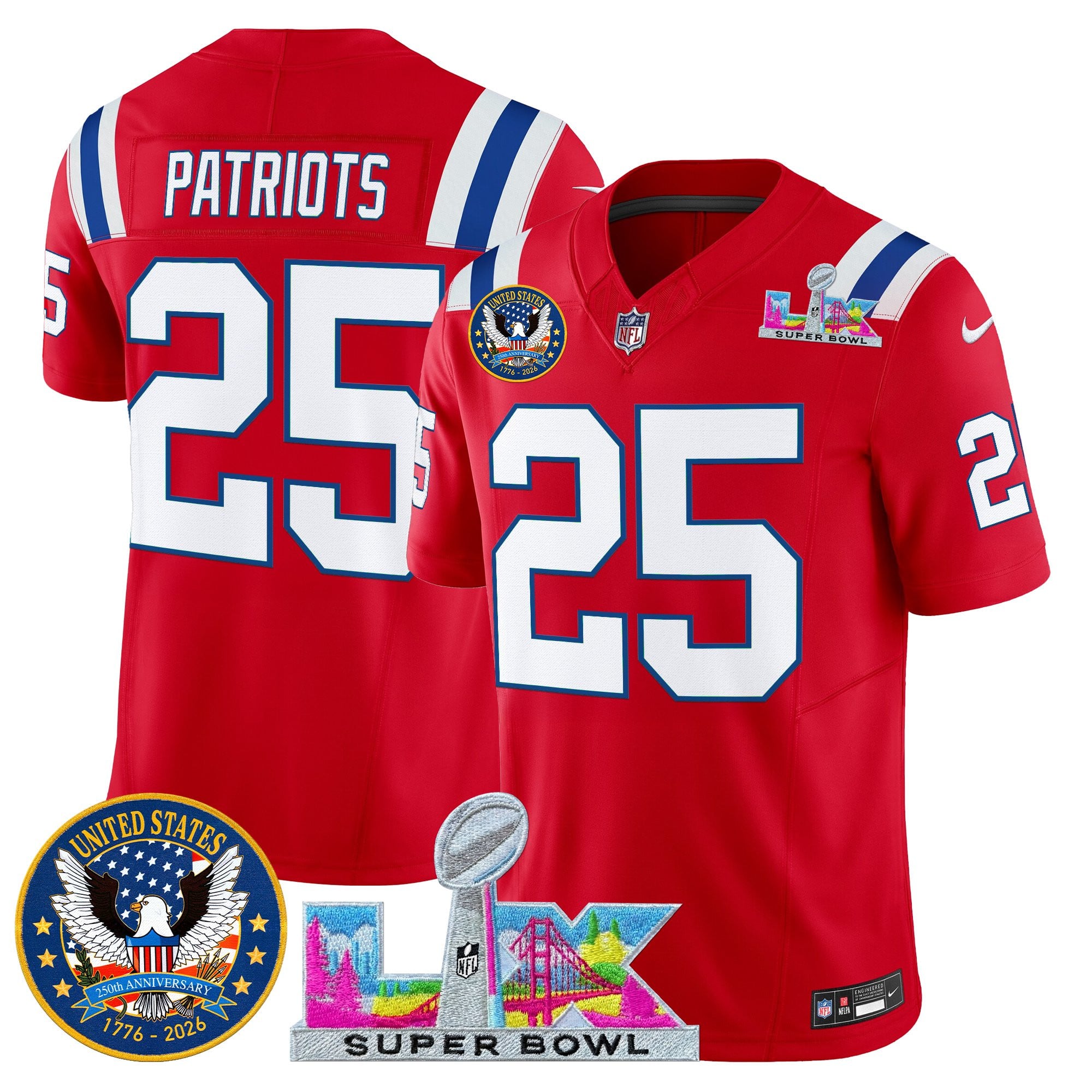 #25 Patriots Men's New England Patriots “Super Bowl LX & United States 250th Patch” Vapor Limited Red Jersey - All Stitched