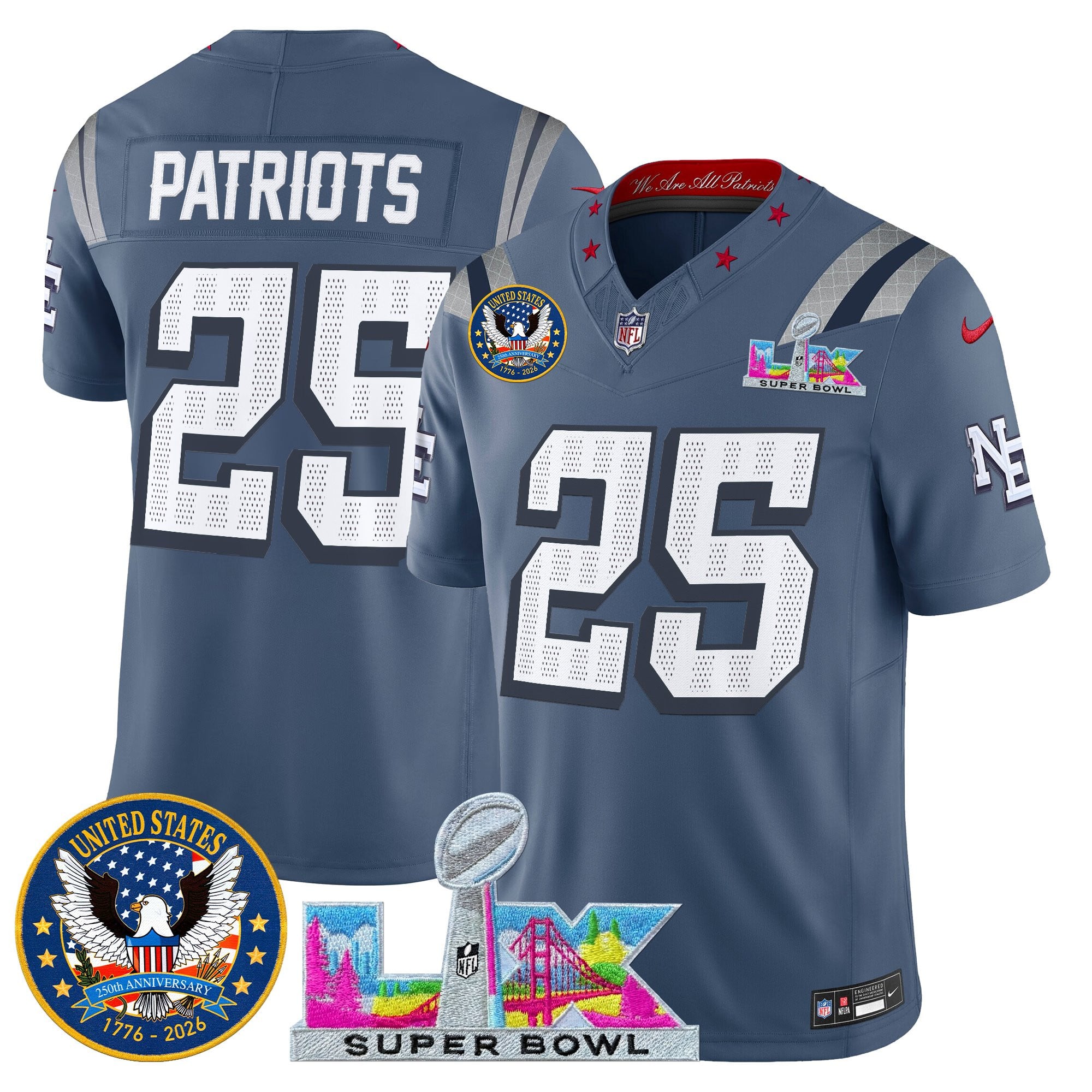 #25 Patriots Men's New England Patriots “Super Bowl LX & United States 250th Patch” Vapor Limited Storm Blue Jersey - All Stitched