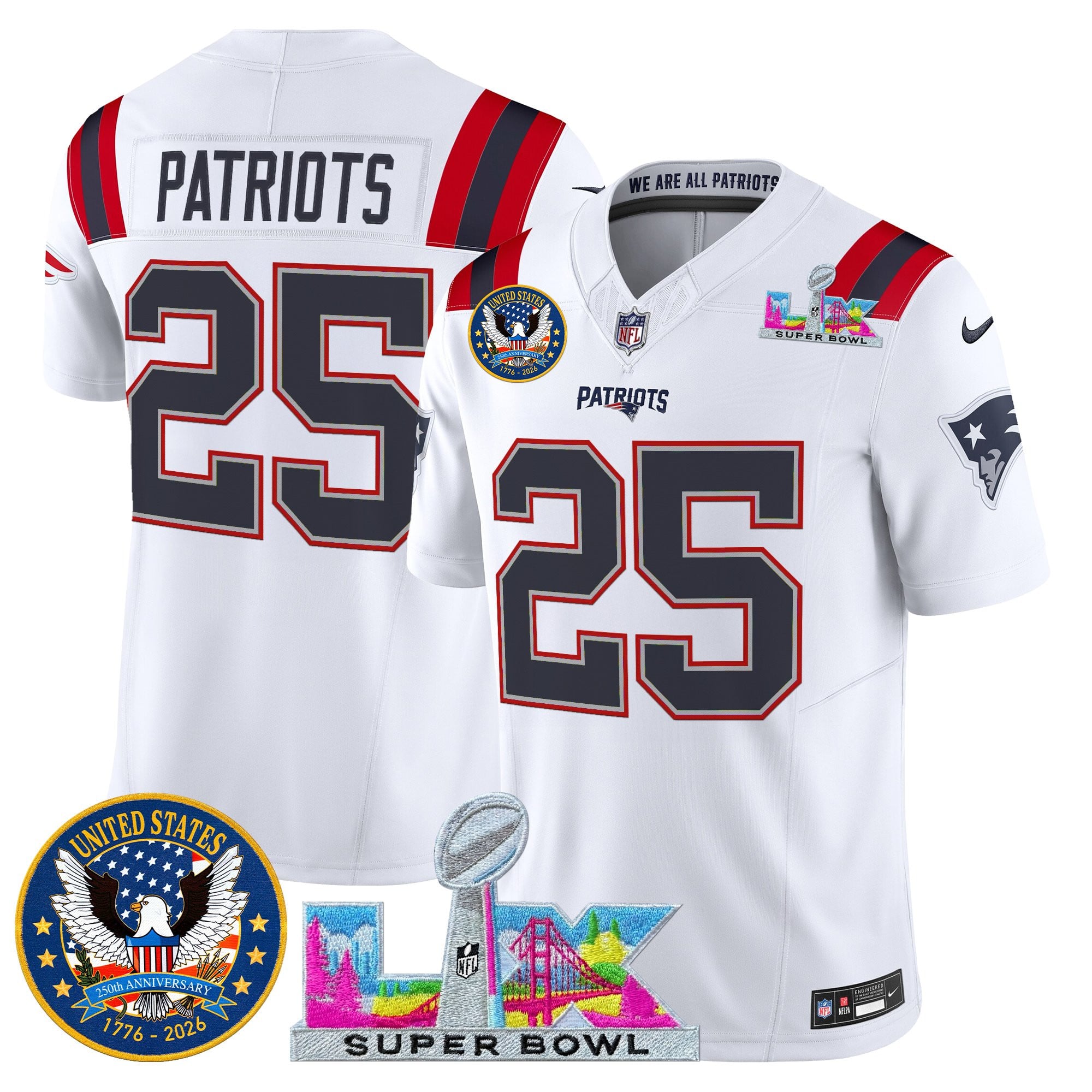 #25 Patriots Men's New England Patriots “Super Bowl LX & United States 250th Patch” Vapor Limited White Jersey - All Stitched