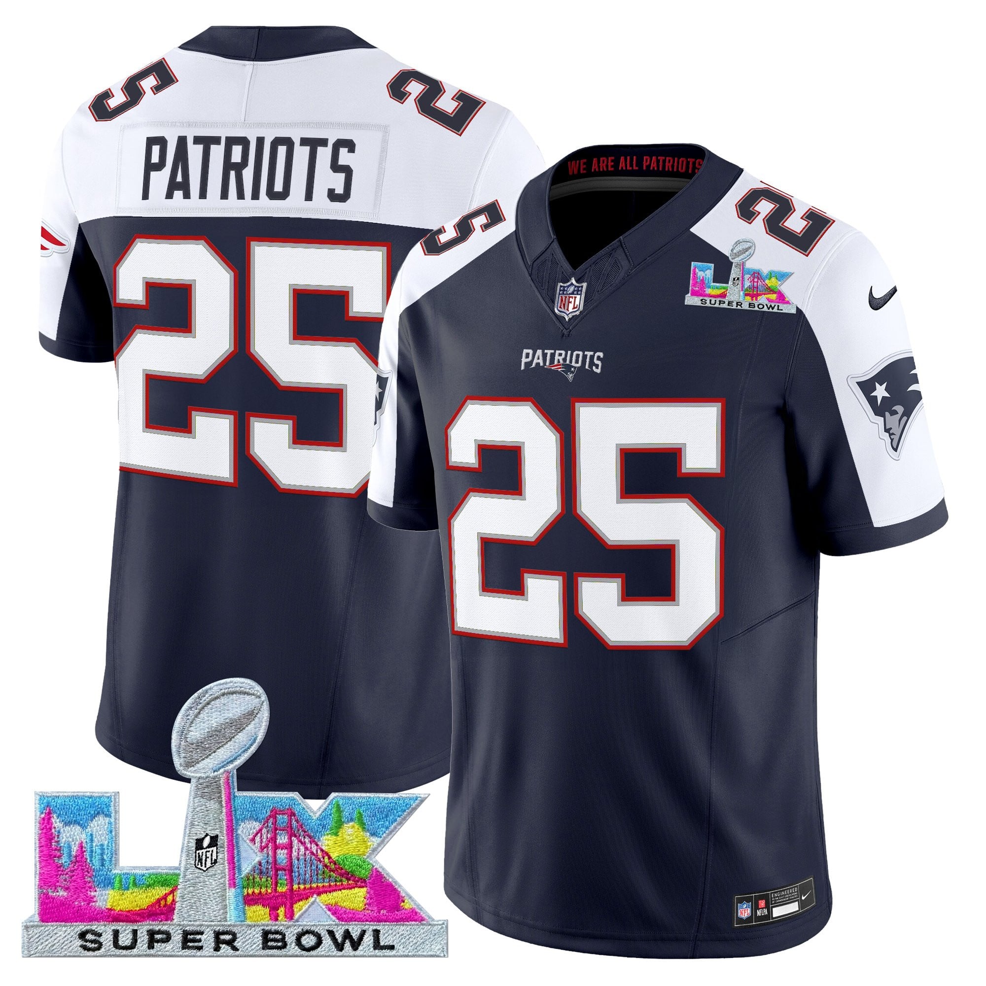 #25 Patriots Men's New England Patriots Super Bowl LX Vapor Limited Navy Alternate Jersey - All Stitched