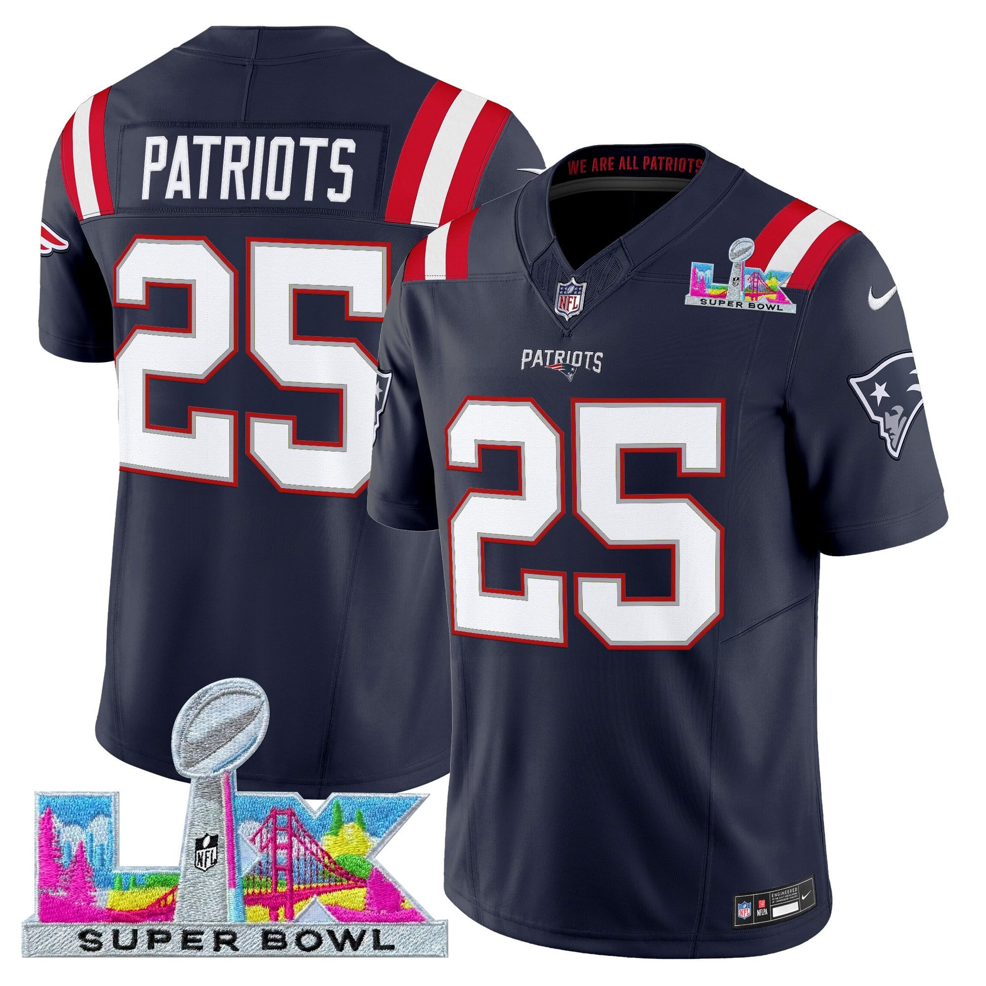#25 Patriots Men's New England Patriots Super Bowl LX Vapor Limited Navy Jersey - All Stitched