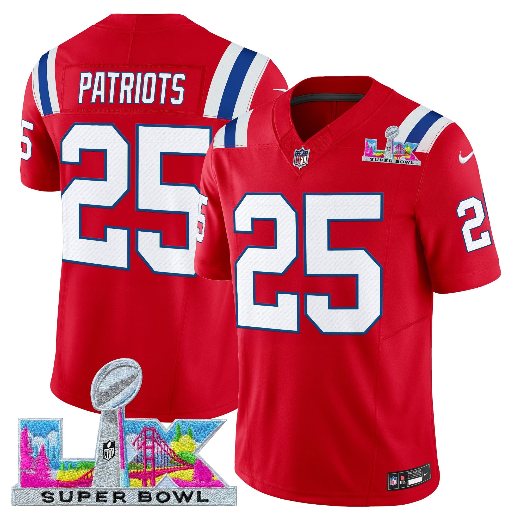 #25 Patriots Men's New England Patriots Super Bowl LX Vapor Limited Red Jersey - All Stitched