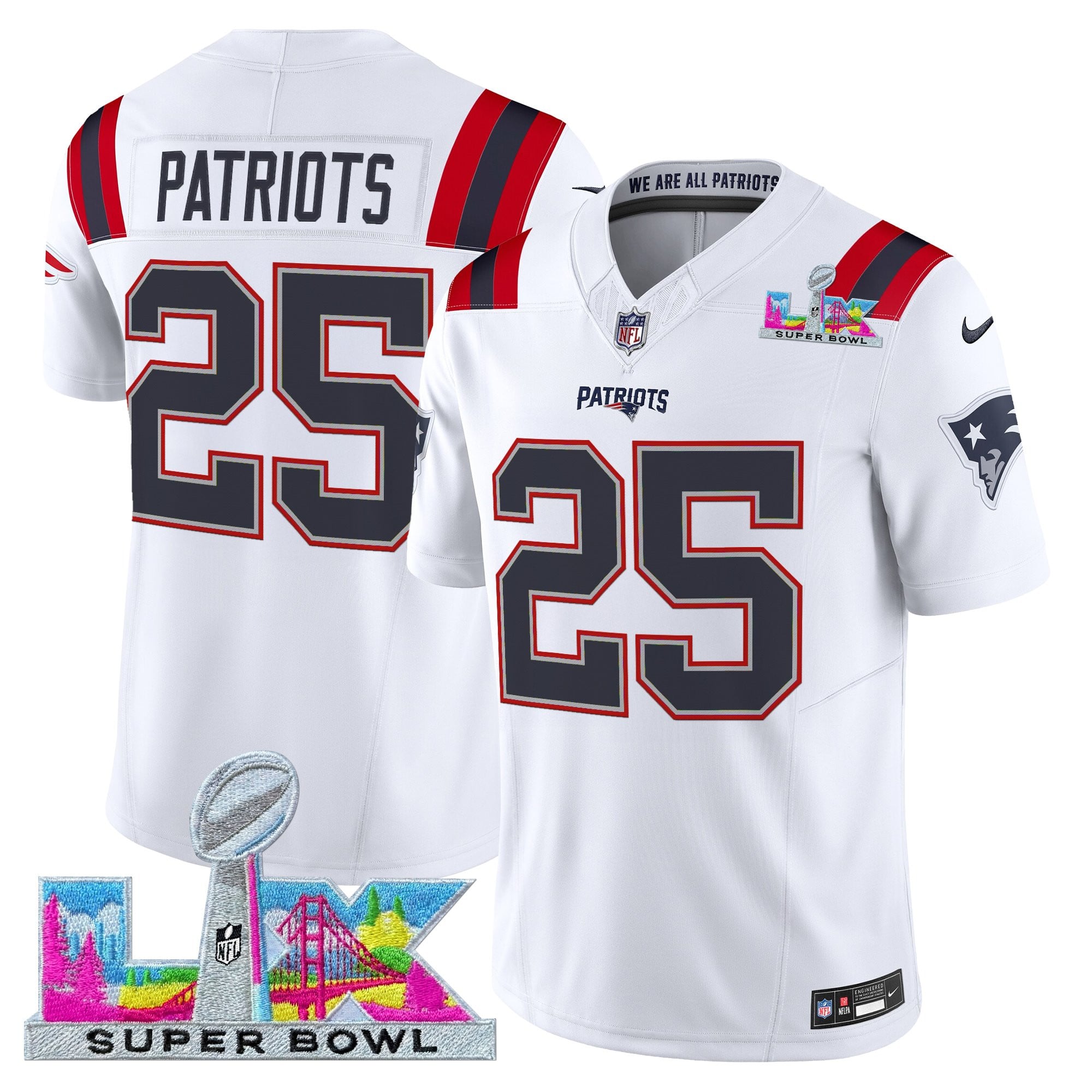 #25 Patriots Men's New England Patriots Super Bowl LX Vapor Limited White Jersey - All Stitched