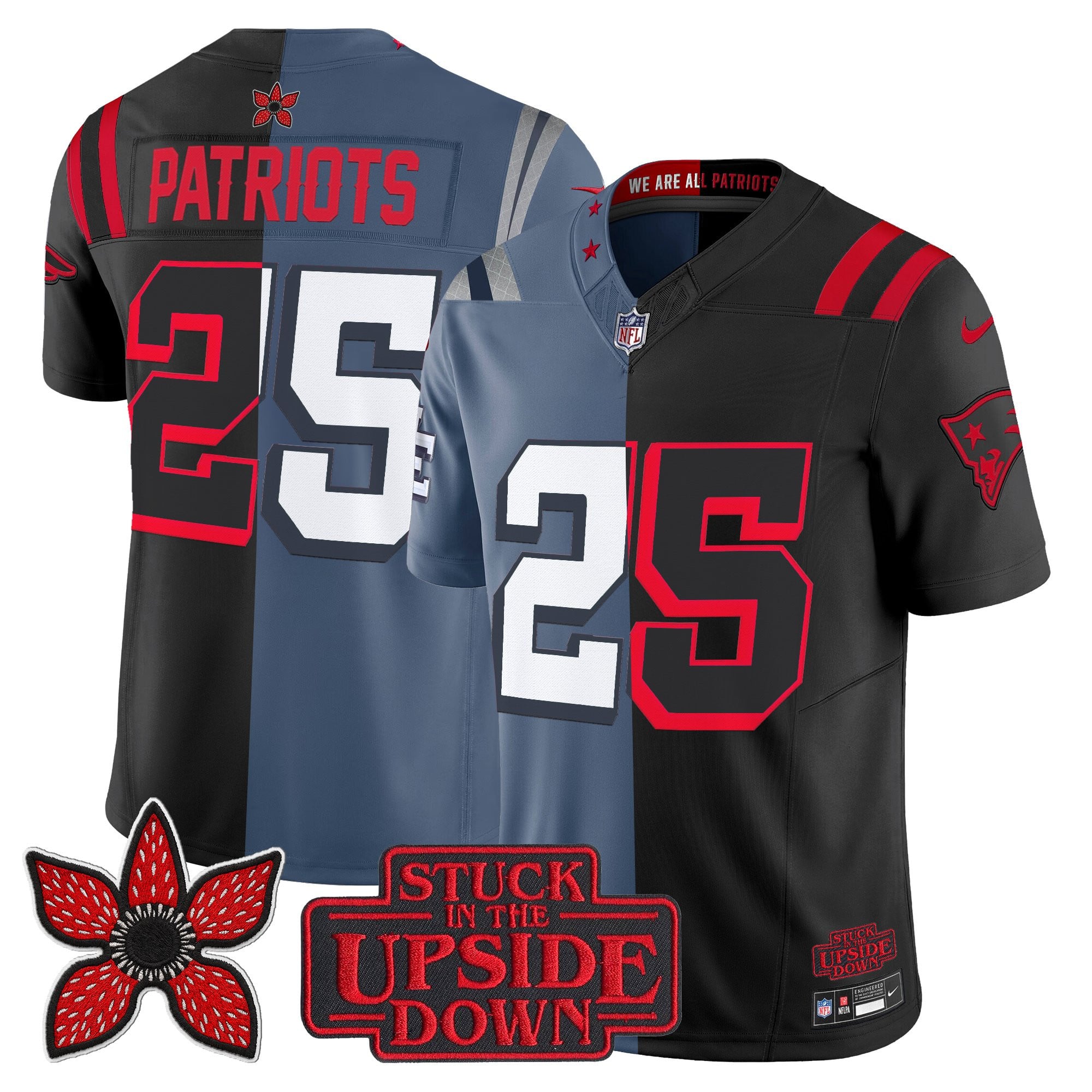 #25 Patriots Men's New England Patriots 'Upside Down Edition Vapor Limited Storm Blue-Black Jersey - All Stitched