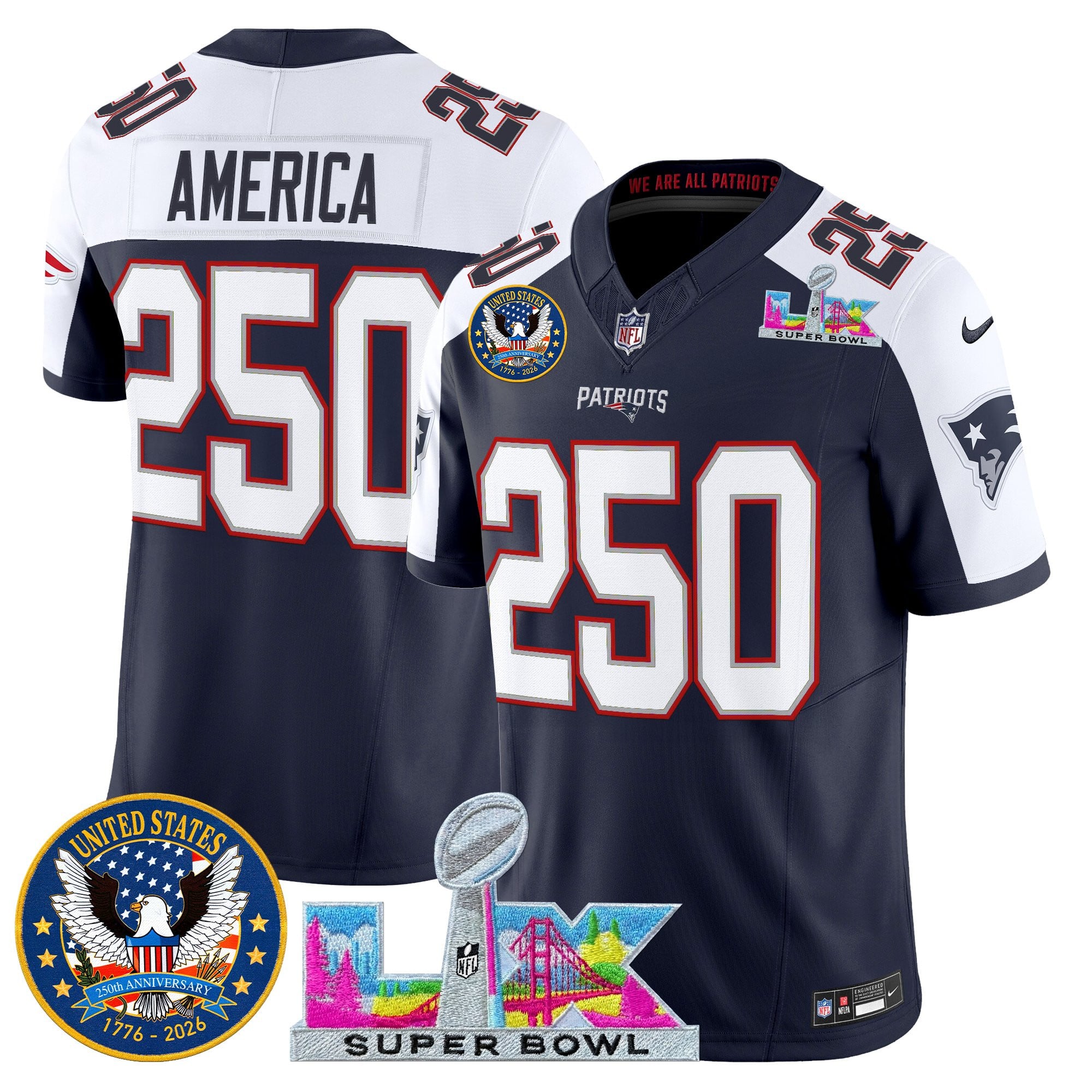 #250 America Men's New England Patriots “Super Bowl LX & United States 250th Patch” Vapor Limited Navy Alternate Jersey - All Stitched