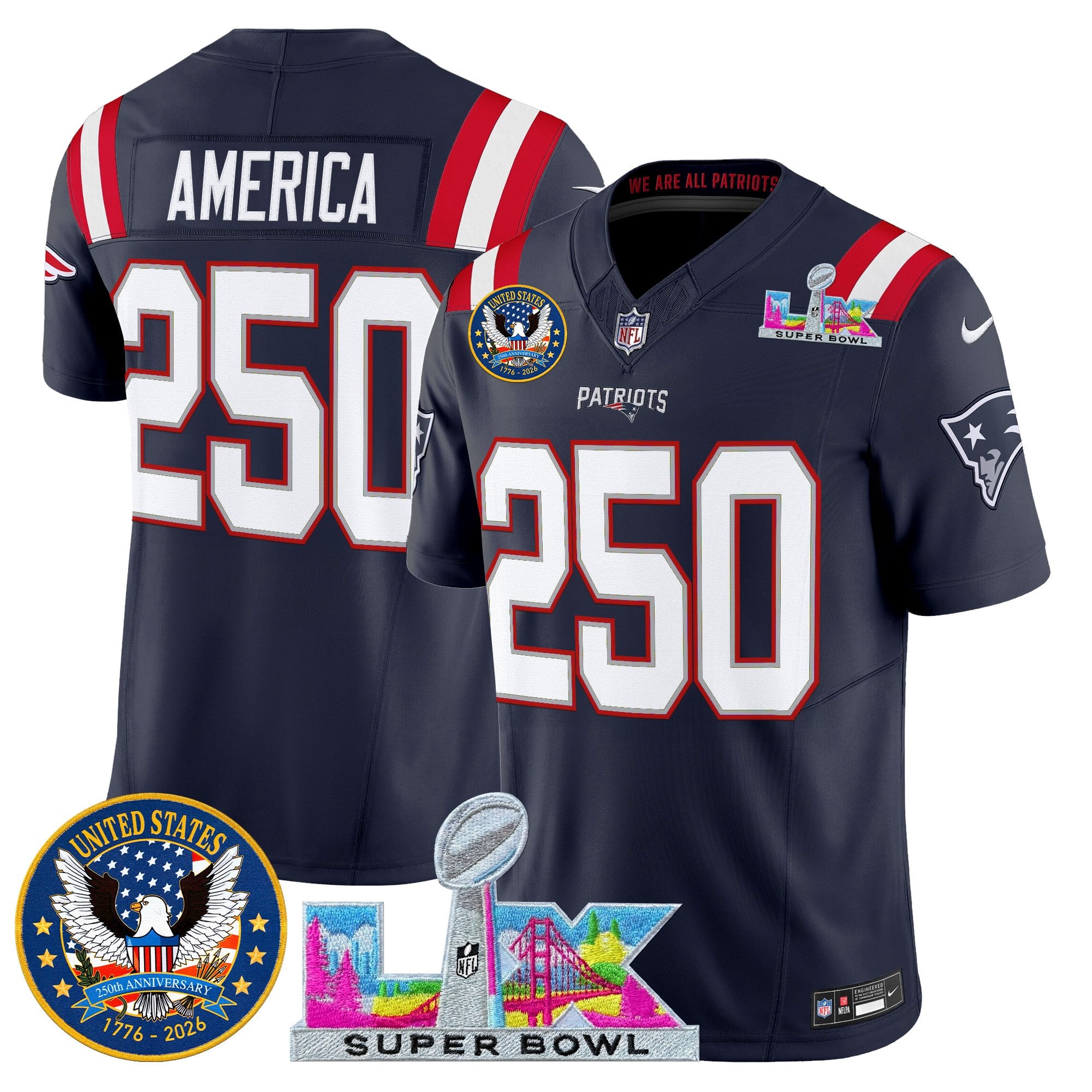 #250 America Men's New England Patriots “Super Bowl LX & United States 250th Patch” Vapor Limited Navy Jersey - All Stitched