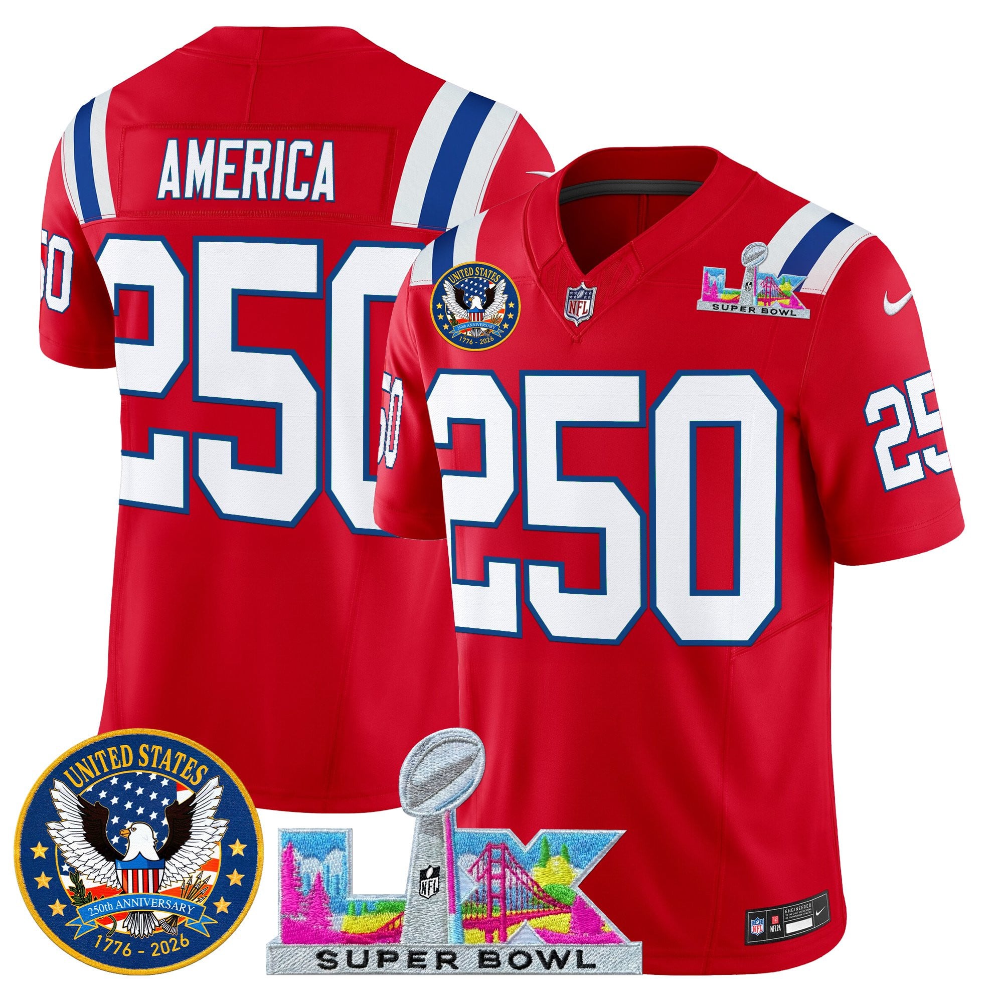 #250 America Men's New England Patriots “Super Bowl LX & United States 250th Patch” Vapor Limited Red Jersey - All Stitched