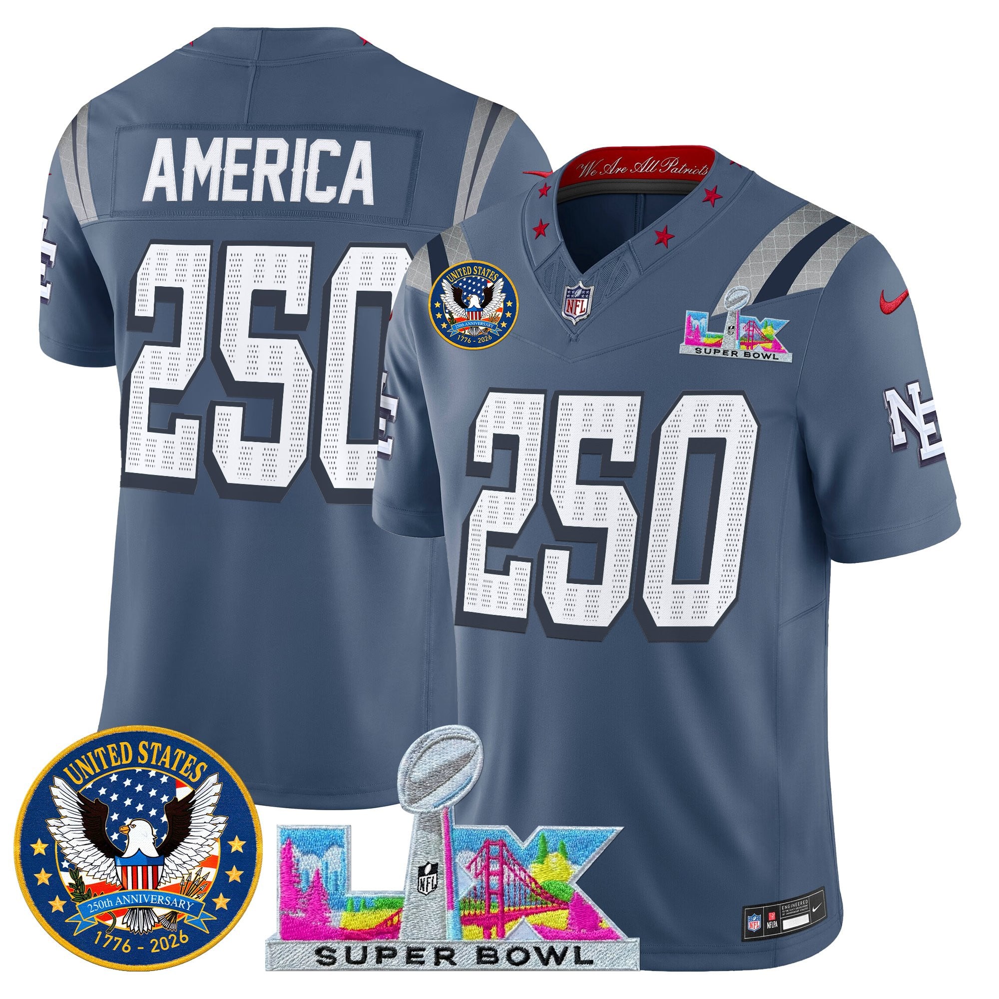 #250 America Men's New England Patriots “Super Bowl LX & United States 250th Patch” Vapor Limited Storm Blue Jersey - All Stitched