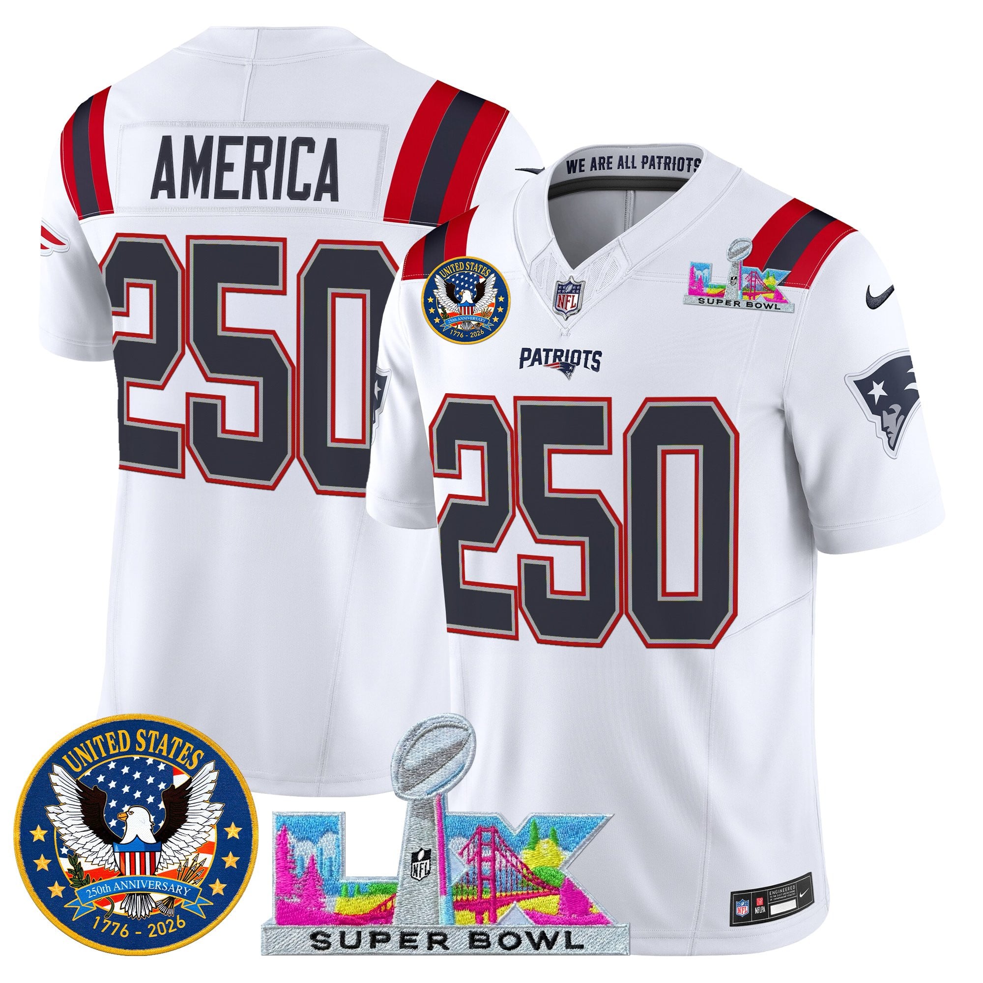 #250 America Men's New England Patriots “Super Bowl LX & United States 250th Patch” Vapor Limited White Jersey - All Stitched