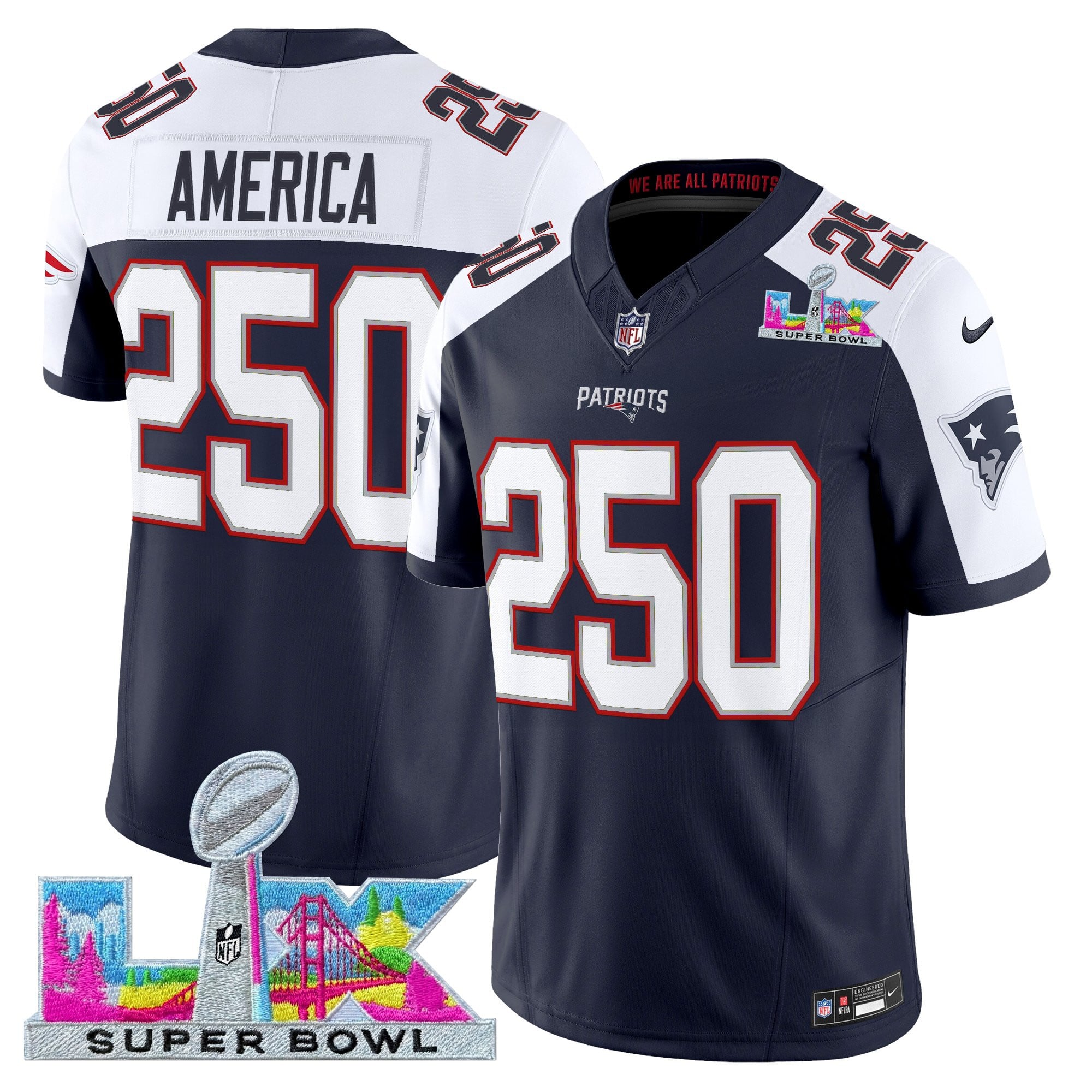 #250 America Men's New England Patriots Super Bowl LX Vapor Limited Navy Alternate Jersey - All Stitched