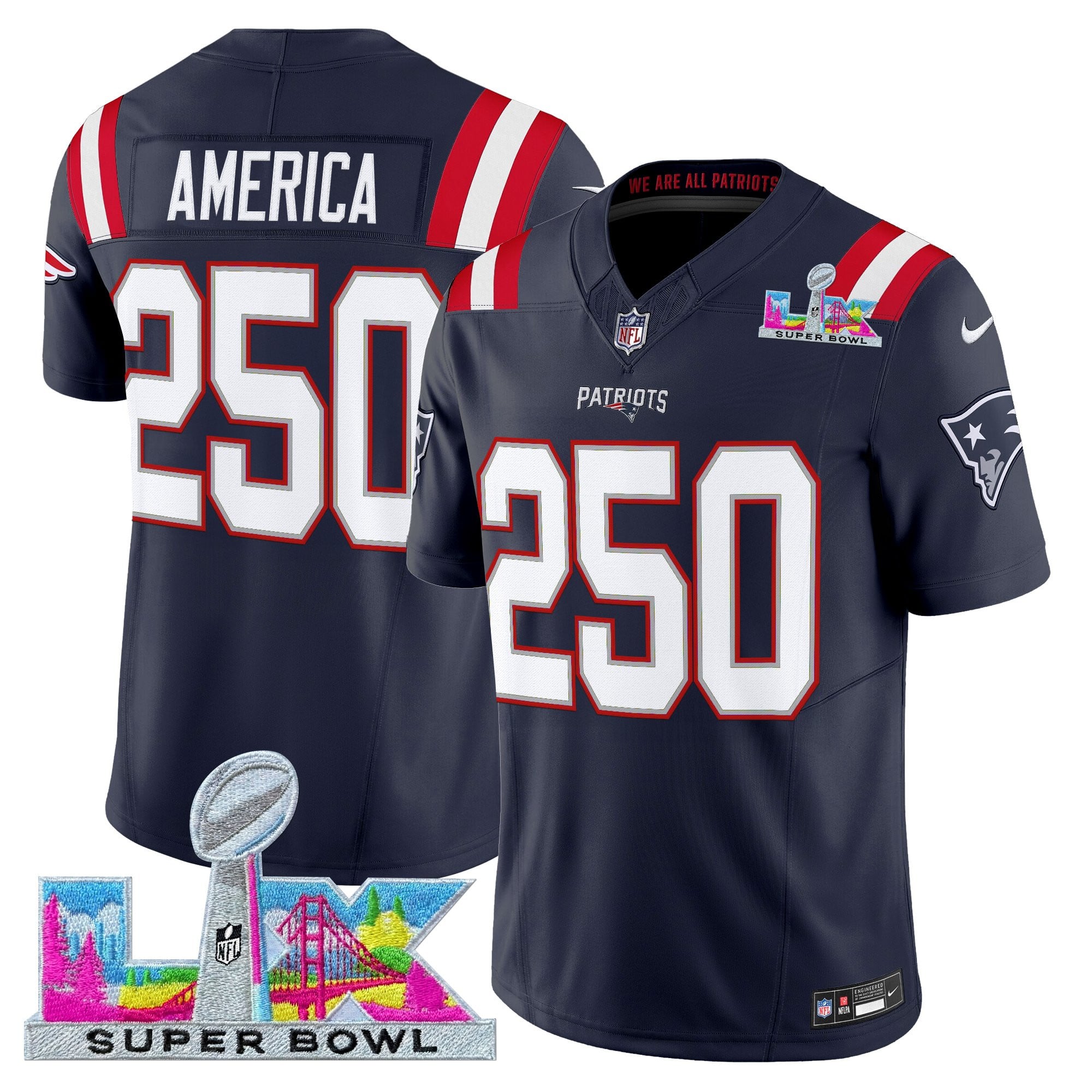 #250 America Men's New England Patriots Super Bowl LX Vapor Limited Navy Jersey - All Stitched