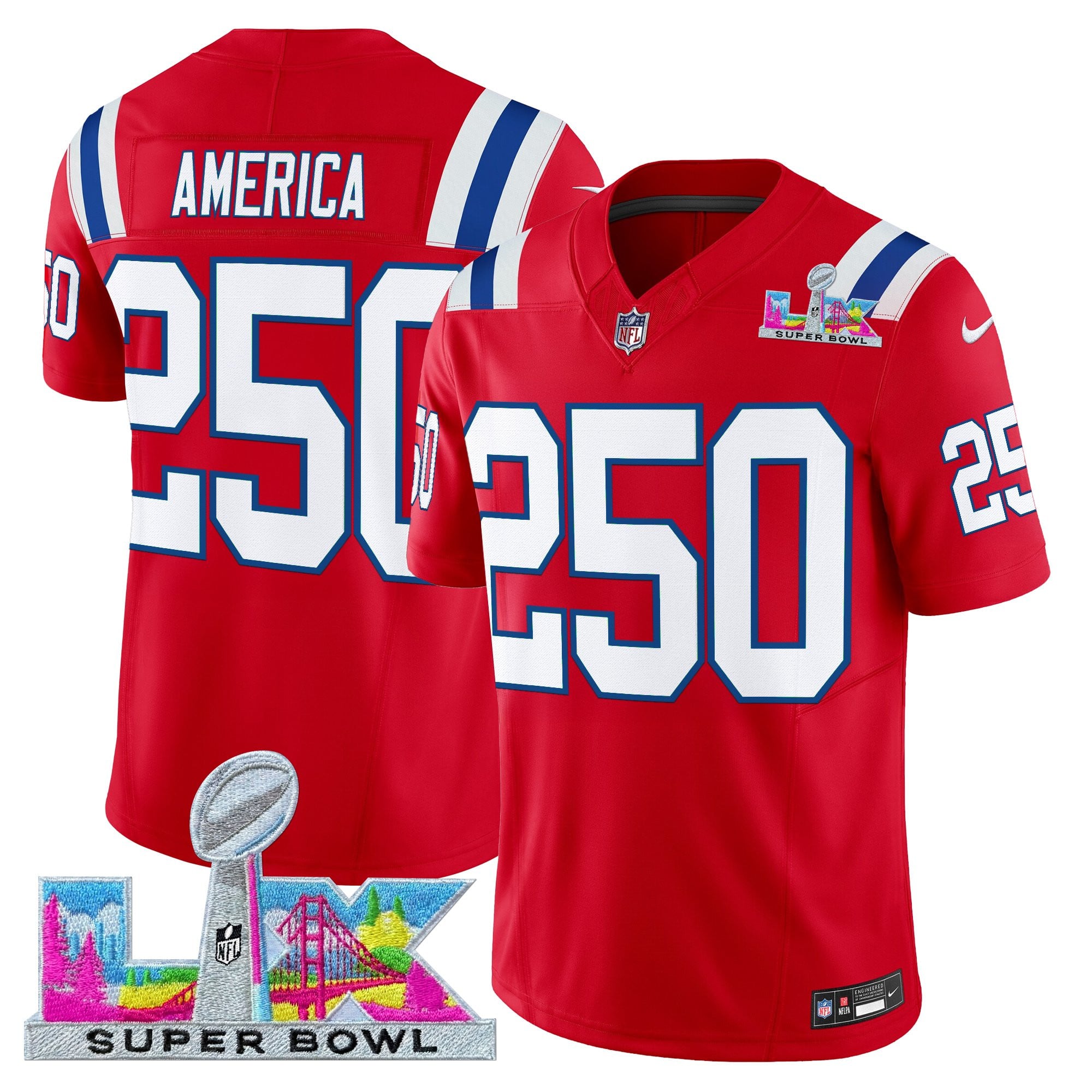 #250 America Men's New England Patriots Super Bowl LX Vapor Limited Red Jersey - All Stitched