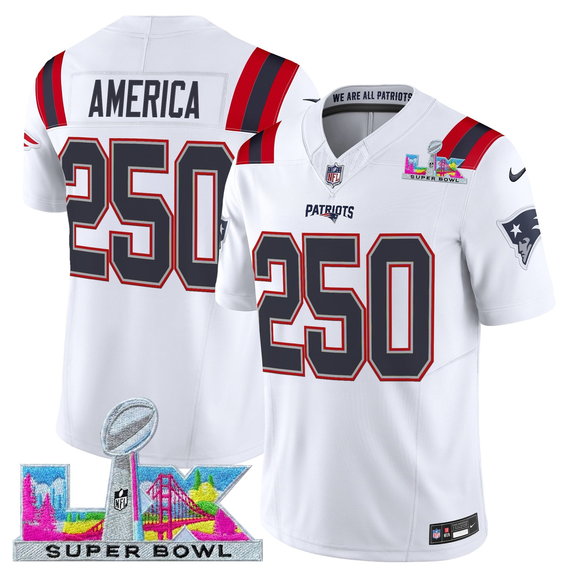 #250 America Men's New England Patriots Super Bowl LX Vapor Limited White Jersey - All Stitched