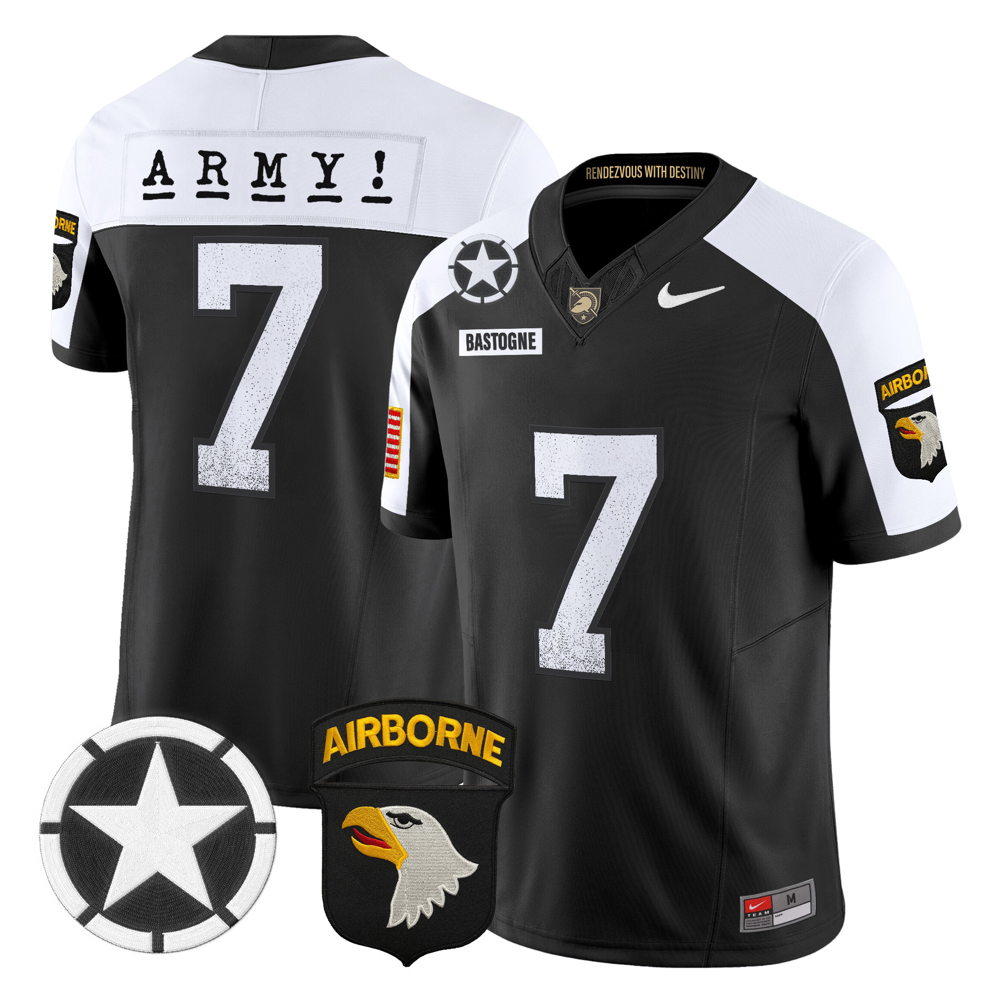 #7 Bastogne Men's Army Black Knights 2025 Screaming Eagles Vapor Limited Black Alternate Jersey - All Stitched