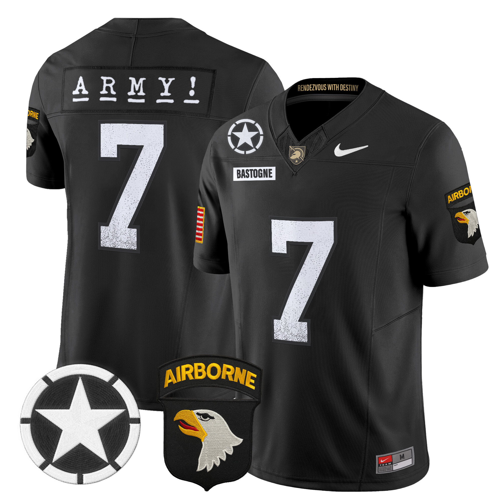 #7 Bastogne Men's Army Black Knights 2025 Screaming Eagles Vapor Limited Black Jersey - All Stitched