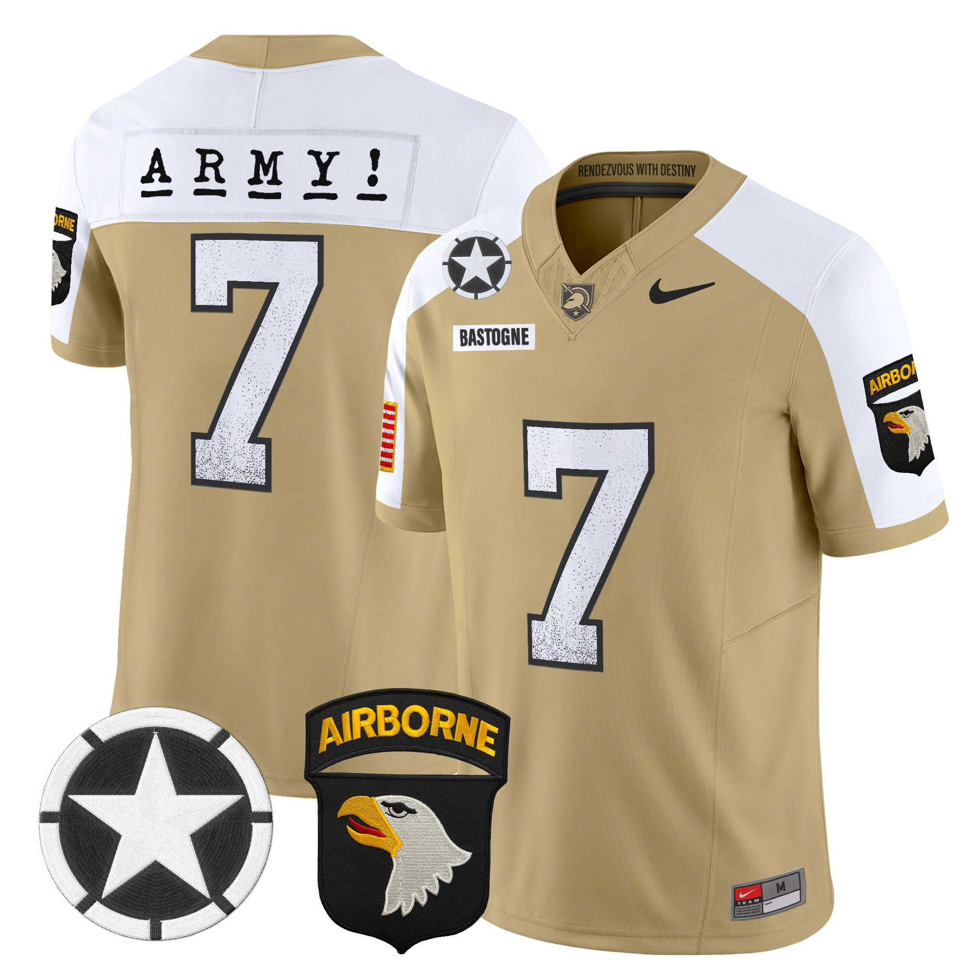 #7 Bastogne Men's Army Black Knights 2025 Screaming Eagles Vapor Limited Tan Alternate Jersey - All Stitched