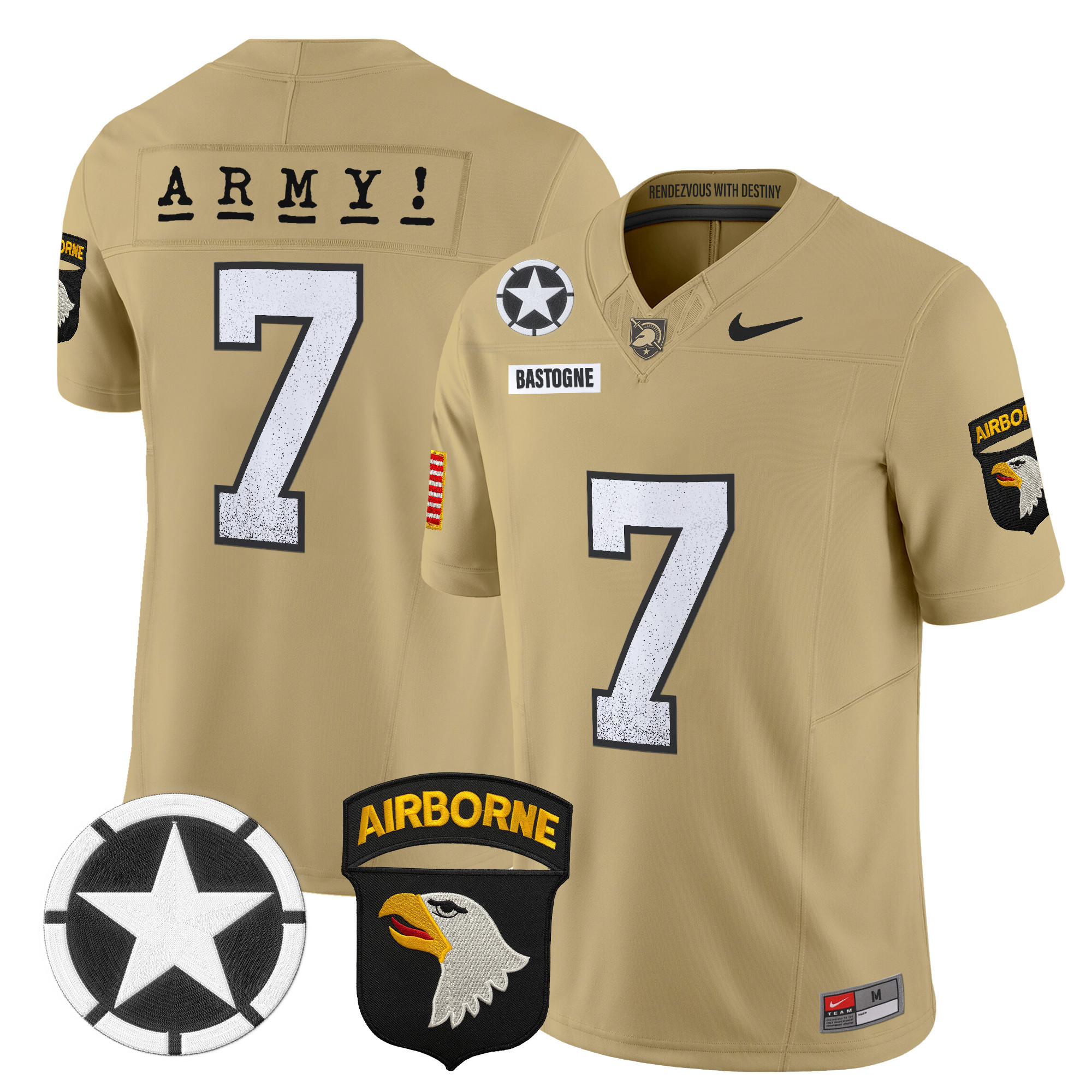 #7 Bastogne Men's Army Black Knights 2025 Screaming Eagles Vapor Limited Tan Jersey - All Stitched