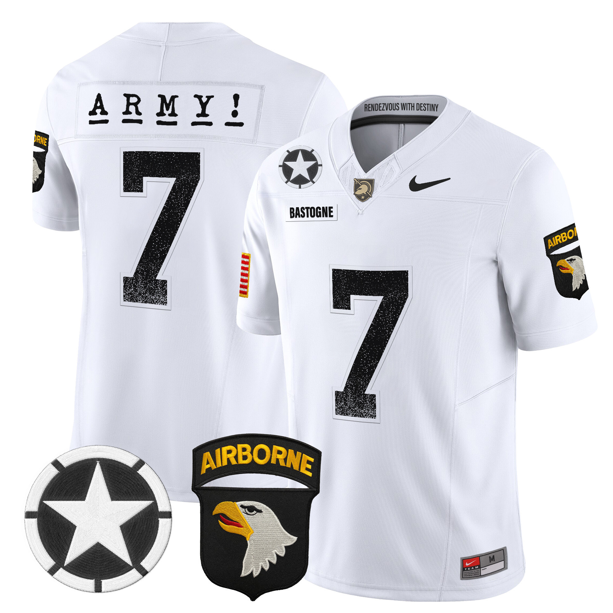 #7 Bastogne Men's Army Black Knights 2025 Screaming Eagles Vapor Limited White Jersey - All Stitched
