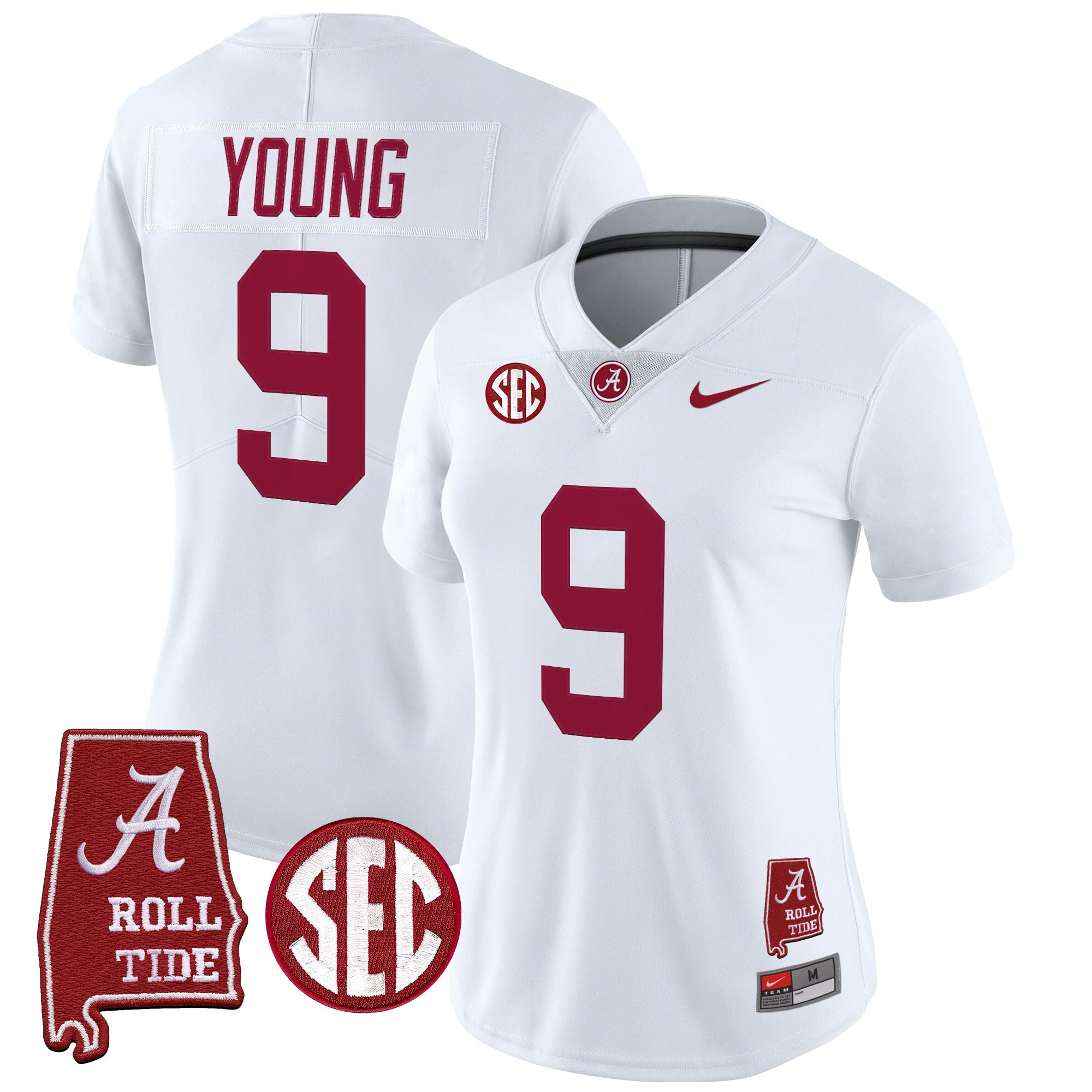 #9 Young Women's Alabama Crimson Tide 2025 Vapor Limited White Jersey - Alabama Map - All Stitched