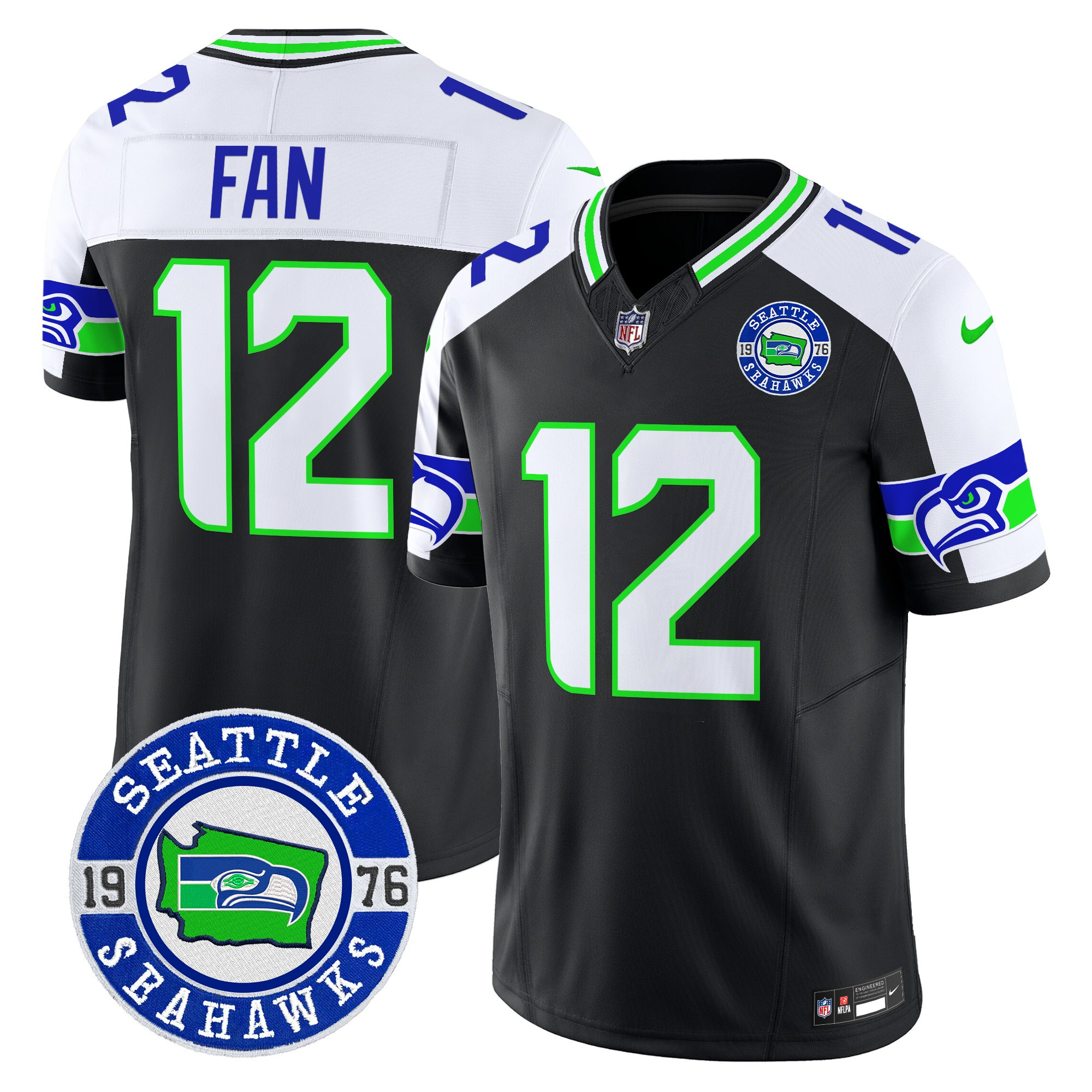 12Th Fan Men's Seattle Seahawks 2024 Seattle Est. 1976 Patch Vapor Limited Black Alternate Jersey - All Stitched
