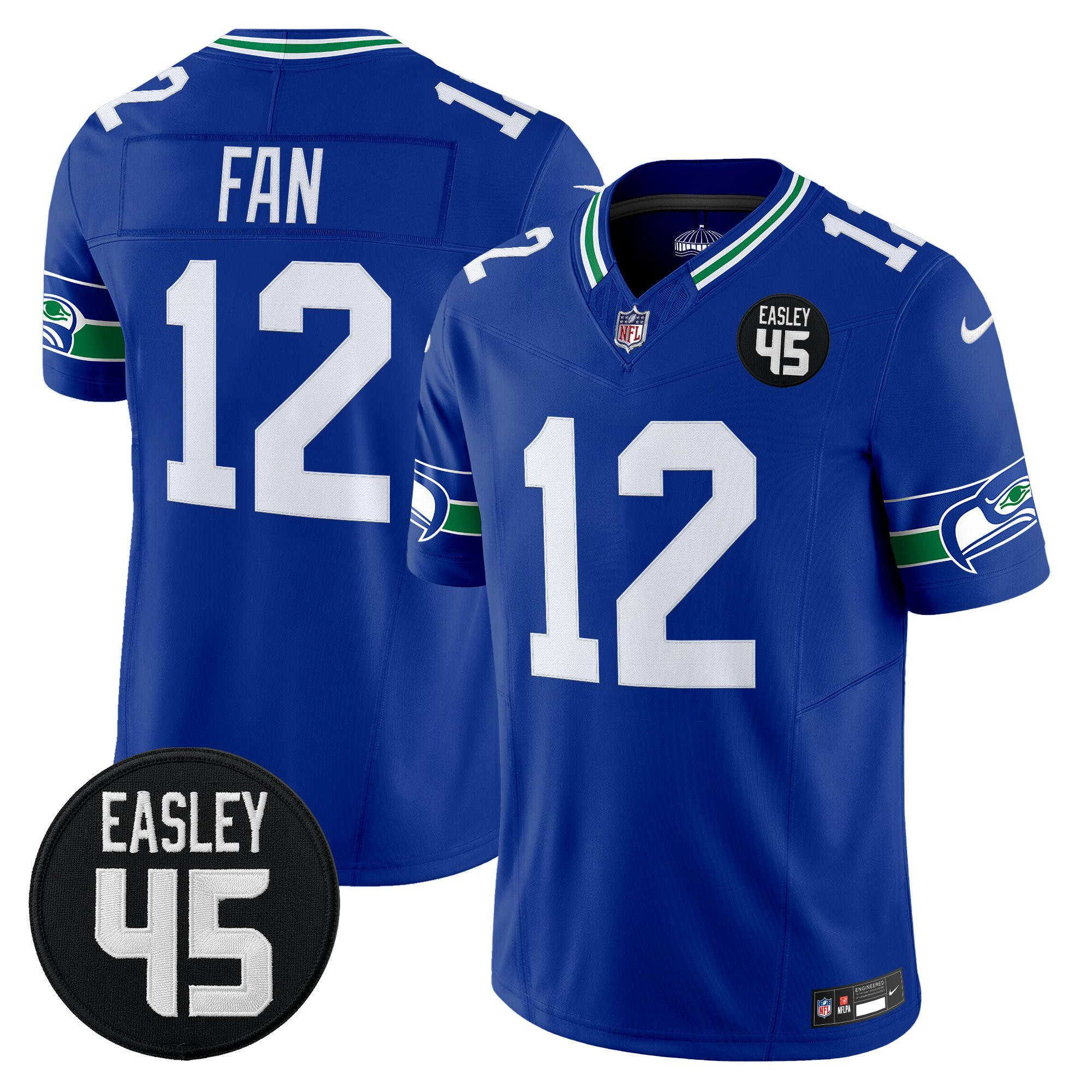 12th Fan Men's Seattle Seahawks #45 Kenny Easley Memorial Patch Vapor Limited Royal Jersey - All Stitched