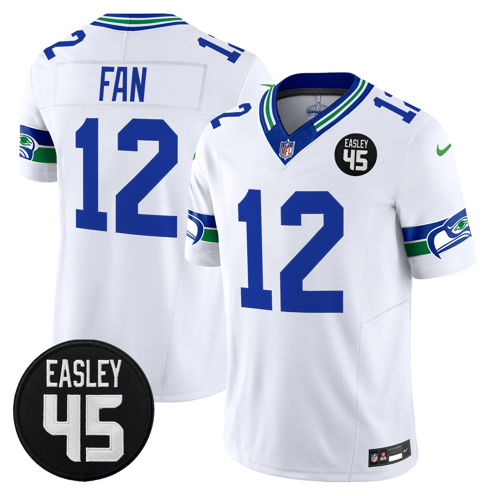 12th Fan Men's Seattle Seahawks #45 Kenny Easley Memorial Patch Vapor Limited White Jersey - All Stitched
