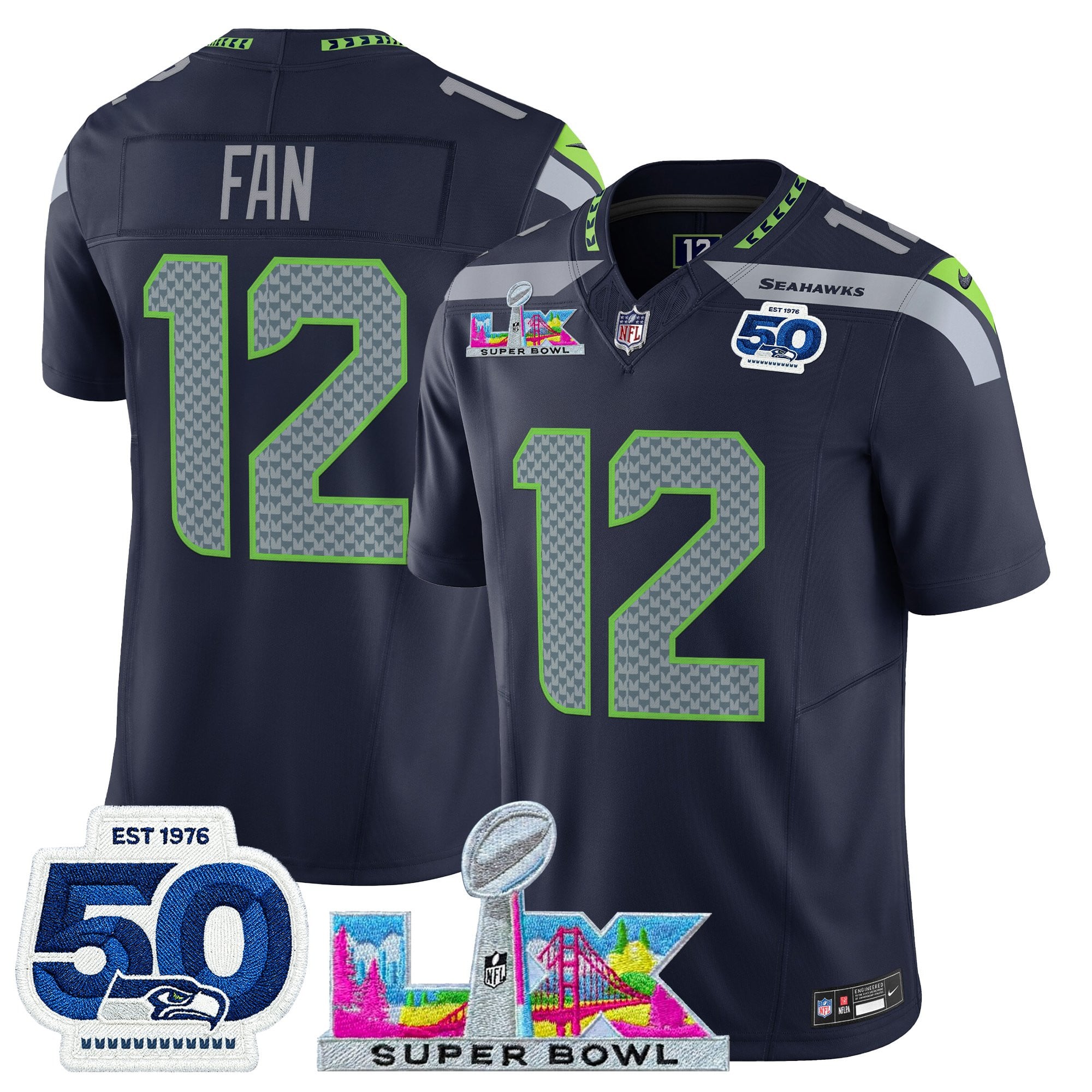 12th Fan Men's Seattle Seahawks “Super Bowl LX & 50th Patch” Vapor Limited College Navy Jersey - All Stitched