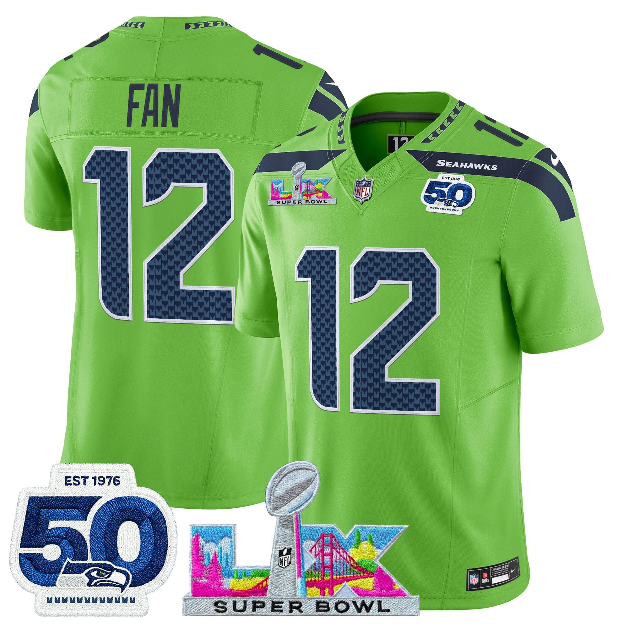 12th Fan Men's Seattle Seahawks “Super Bowl LX & 50th Patch” Vapor Limited Green Jersey - All Stitched