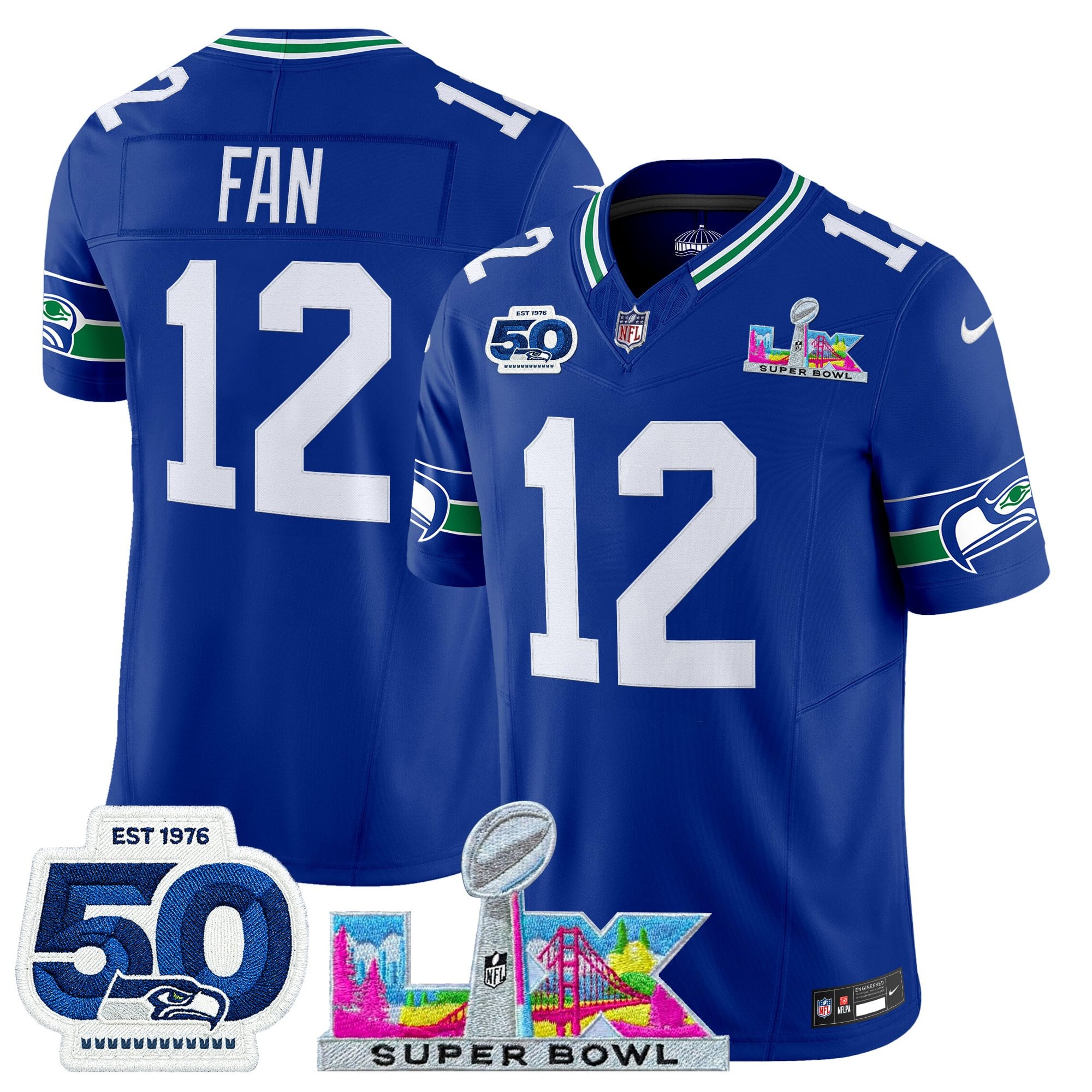 12th Fan Men's Seattle Seahawks “Super Bowl LX & 50th Patch” Vapor Limited Royal Jersey - All Stitched
