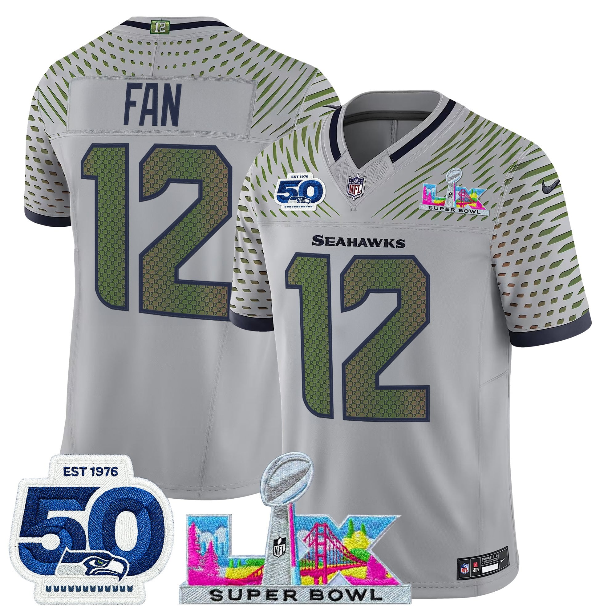 12th Fan Men's Seattle Seahawks “Super Bowl LX & 50th Patch” Vapor Limited Wolf Gray Jersey - All Stitched