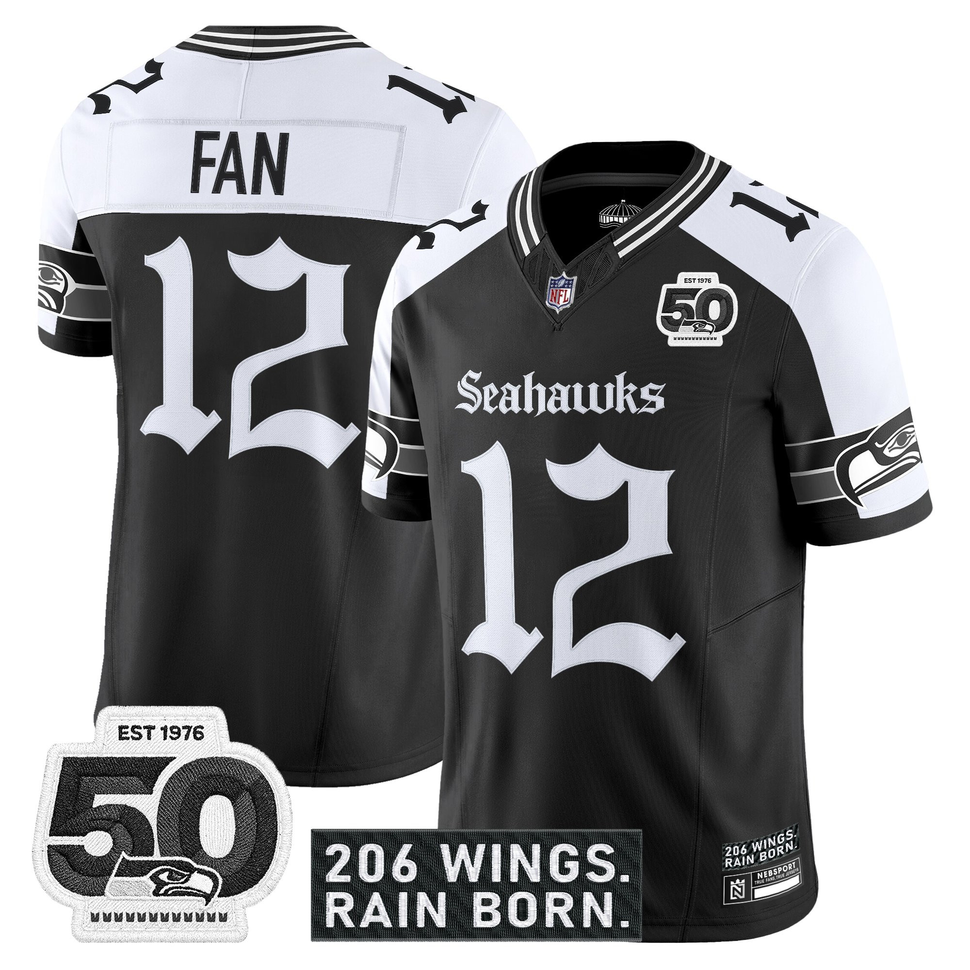 12th Fan Men's Seattle Seahawks Gothic Rain City Shadows Edition Vapor Alternate Jersey - 50th Anniversary Patch - All Stitched