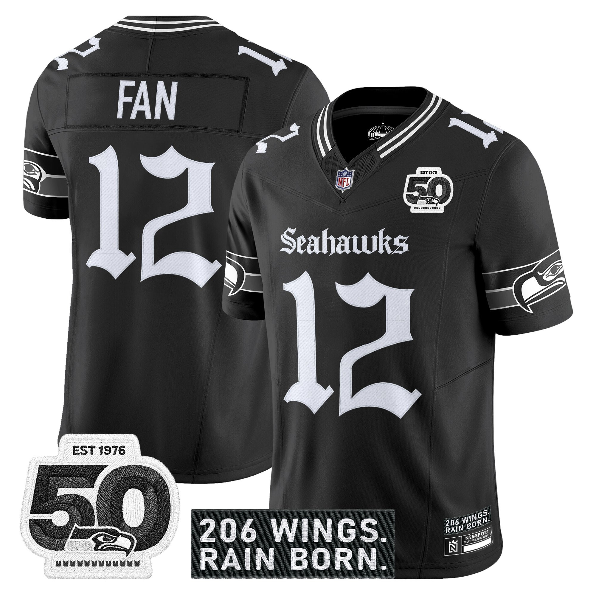 12th Fan Men's Seattle Seahawks Gothic Rain City Shadows Edition Vapor Black Jersey - 50th Anniversary Patch - All Stitched
