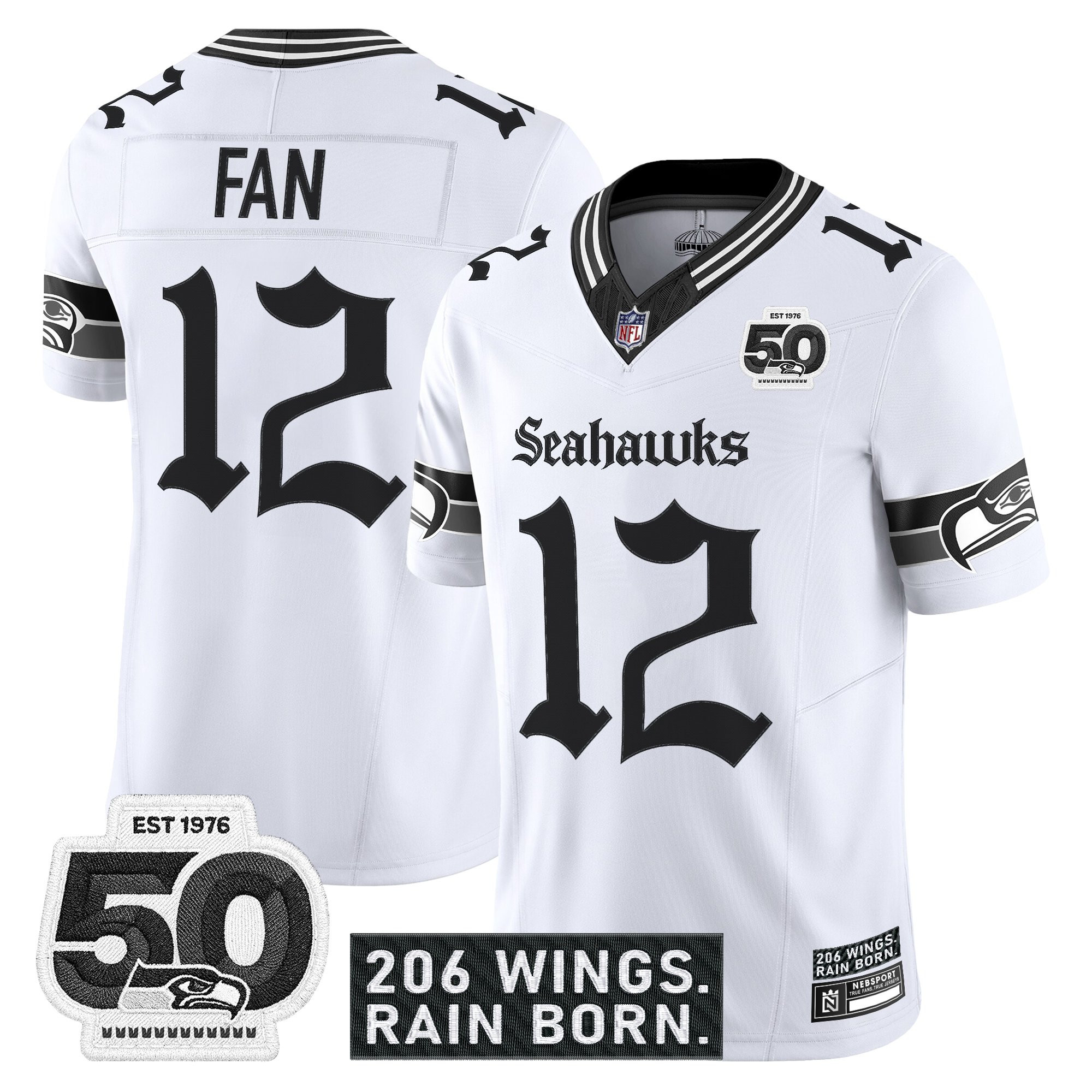 12th Fan Men's Seattle Seahawks Gothic Rain City Shadows Edition Vapor White Jersey - 50th Anniversary Patch - All Stitched