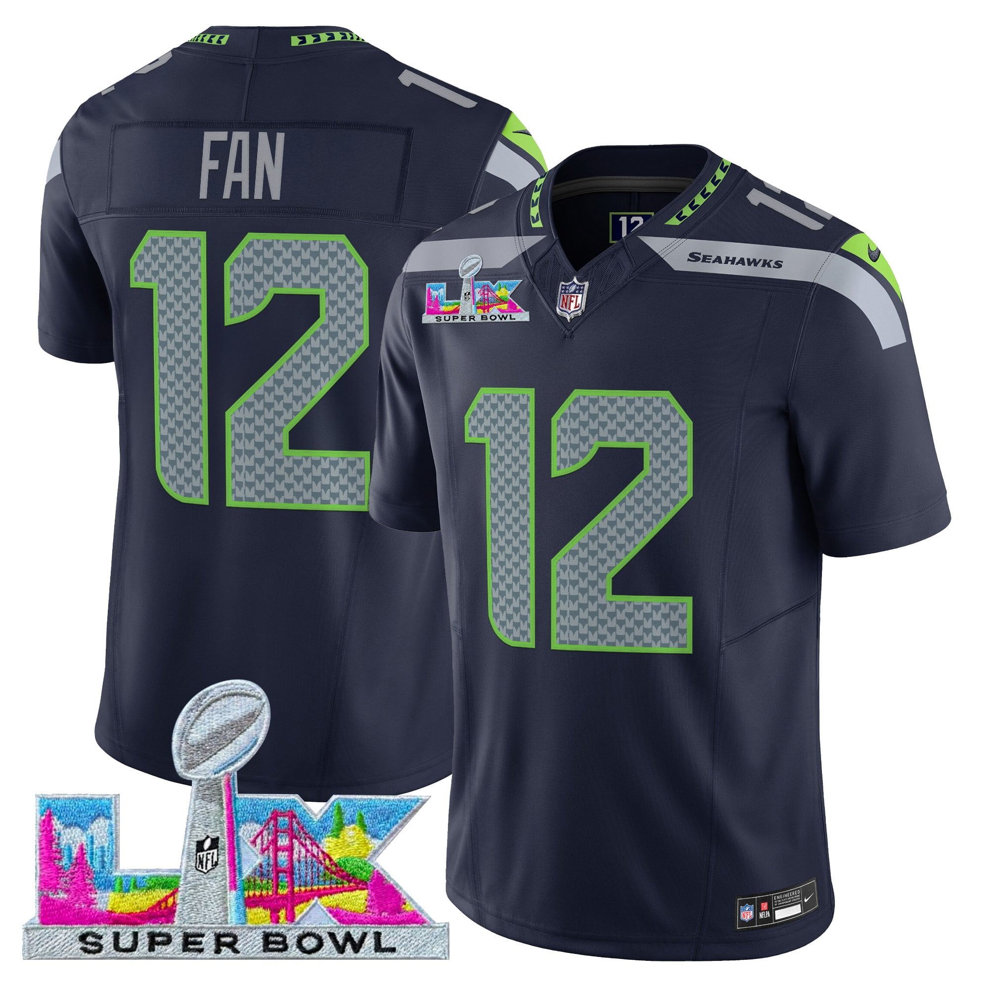 12th Fan Men's Seattle Seahawks Super Bowl LX Vapor Limited College Navy Jersey - All Stitched