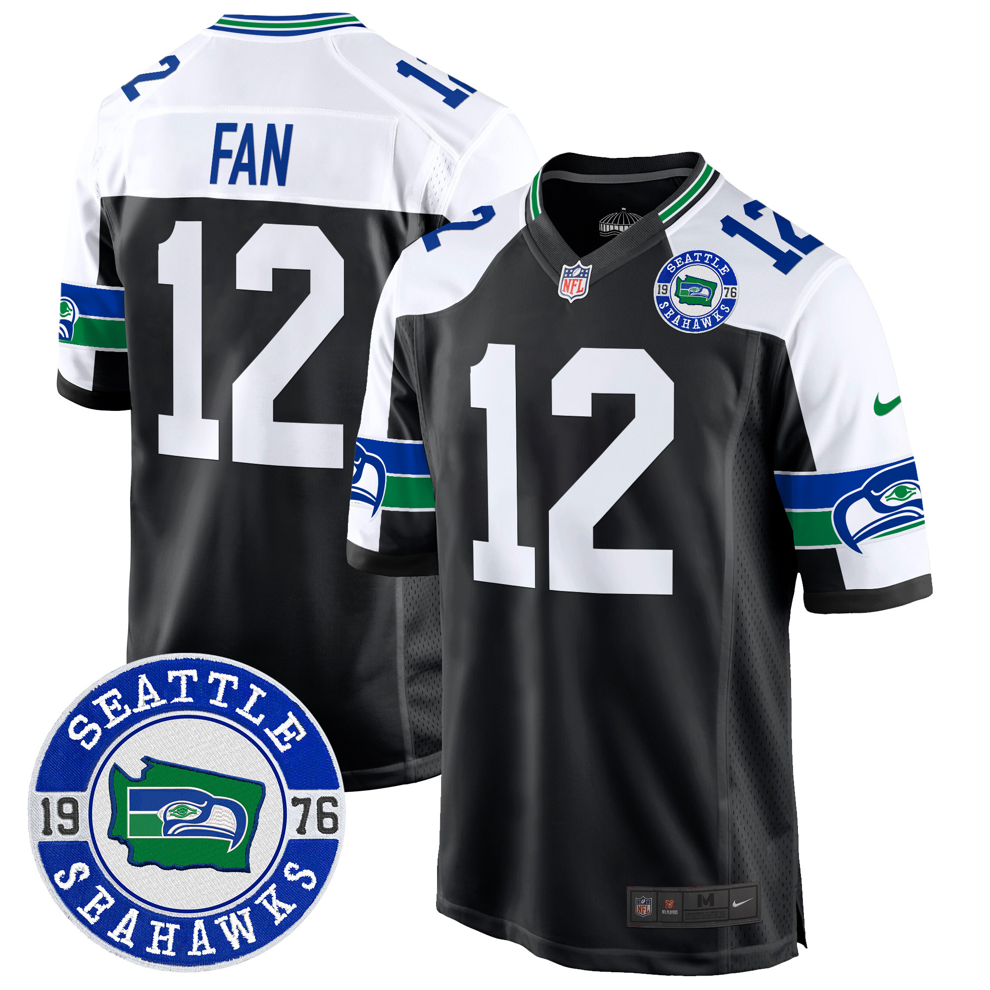 12th Fan Men's Seattle Seahawks Throwback Est. 1976 Patch Game Black Alternate Jersey - All Stitched