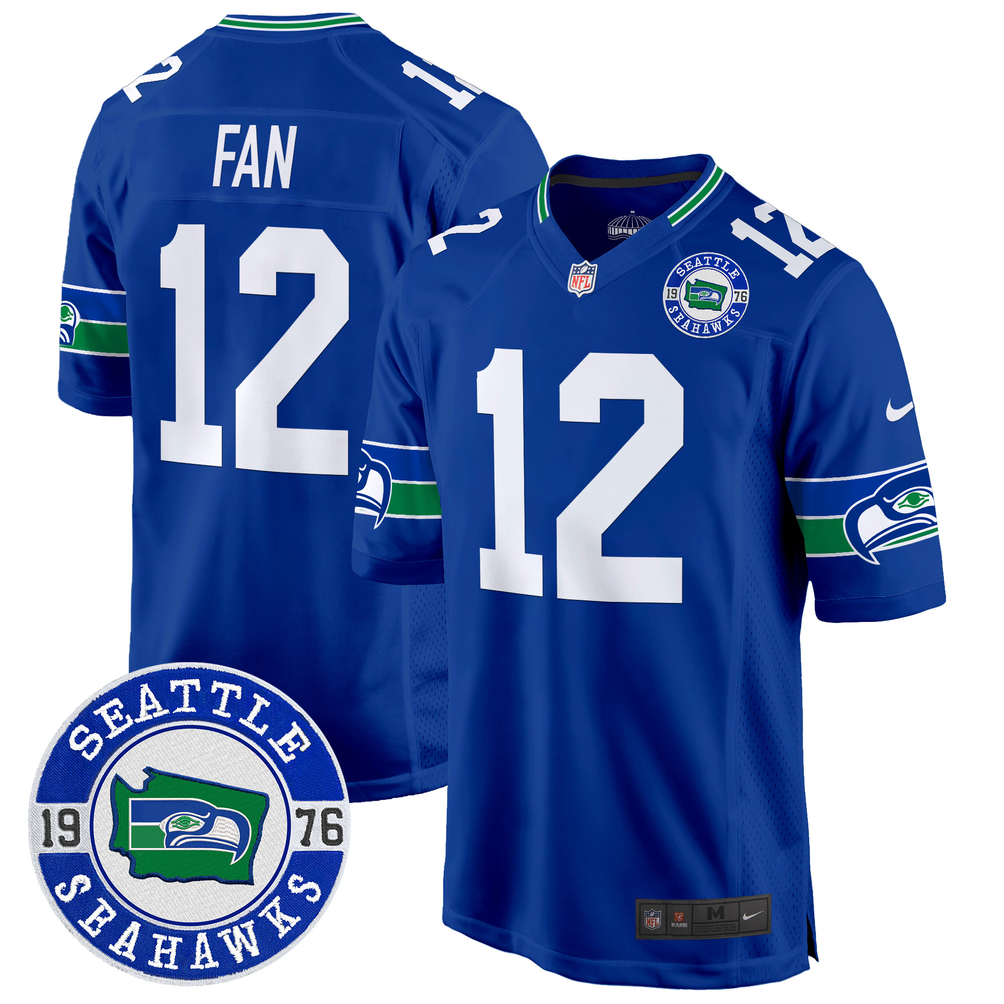 12th Fan Men's Seattle Seahawks Throwback Est. 1976 Patch Game Royal Jersey - All Stitched