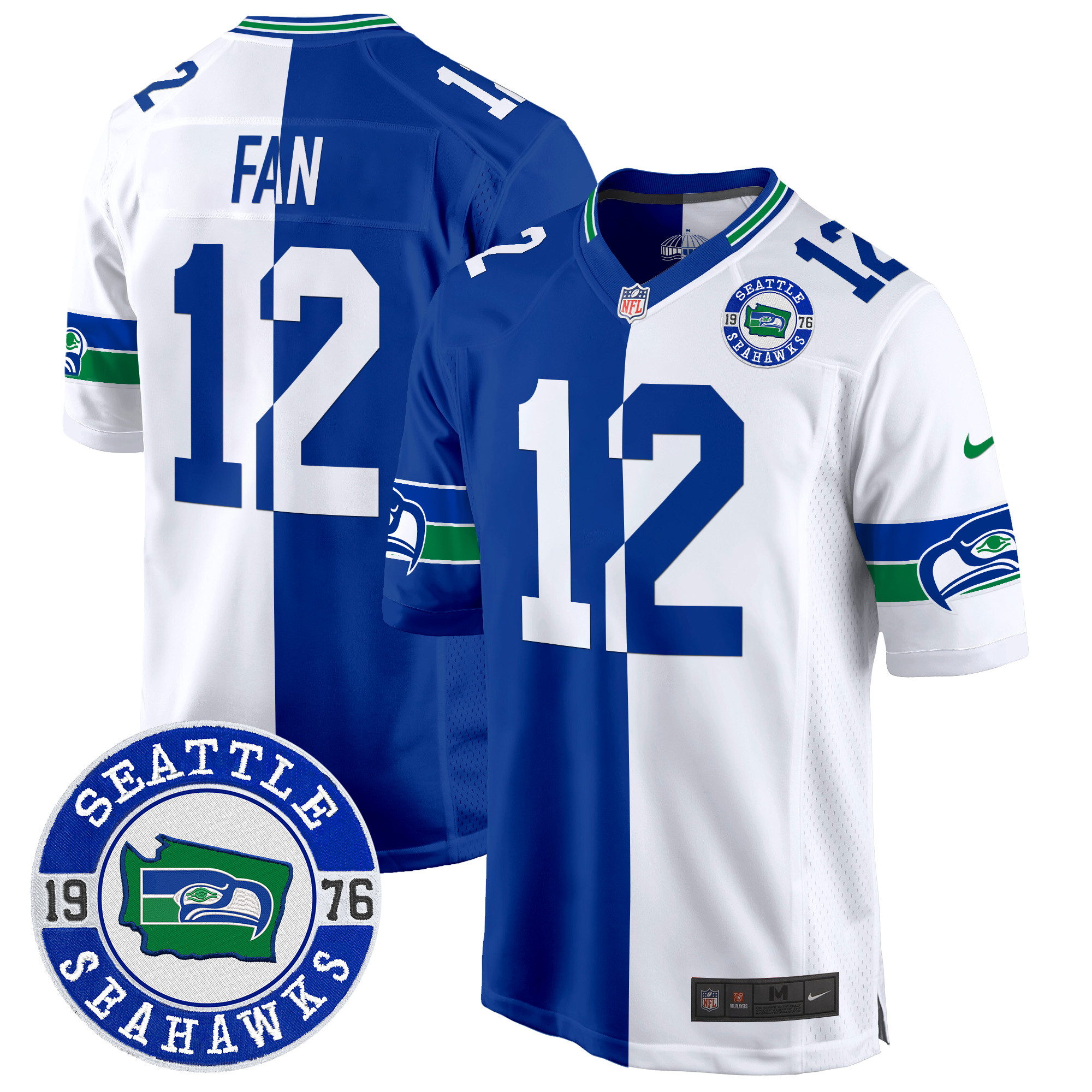 12th Fan Men's Seattle Seahawks Throwback Est. 1976 Patch Game Split Jersey - All Stitched