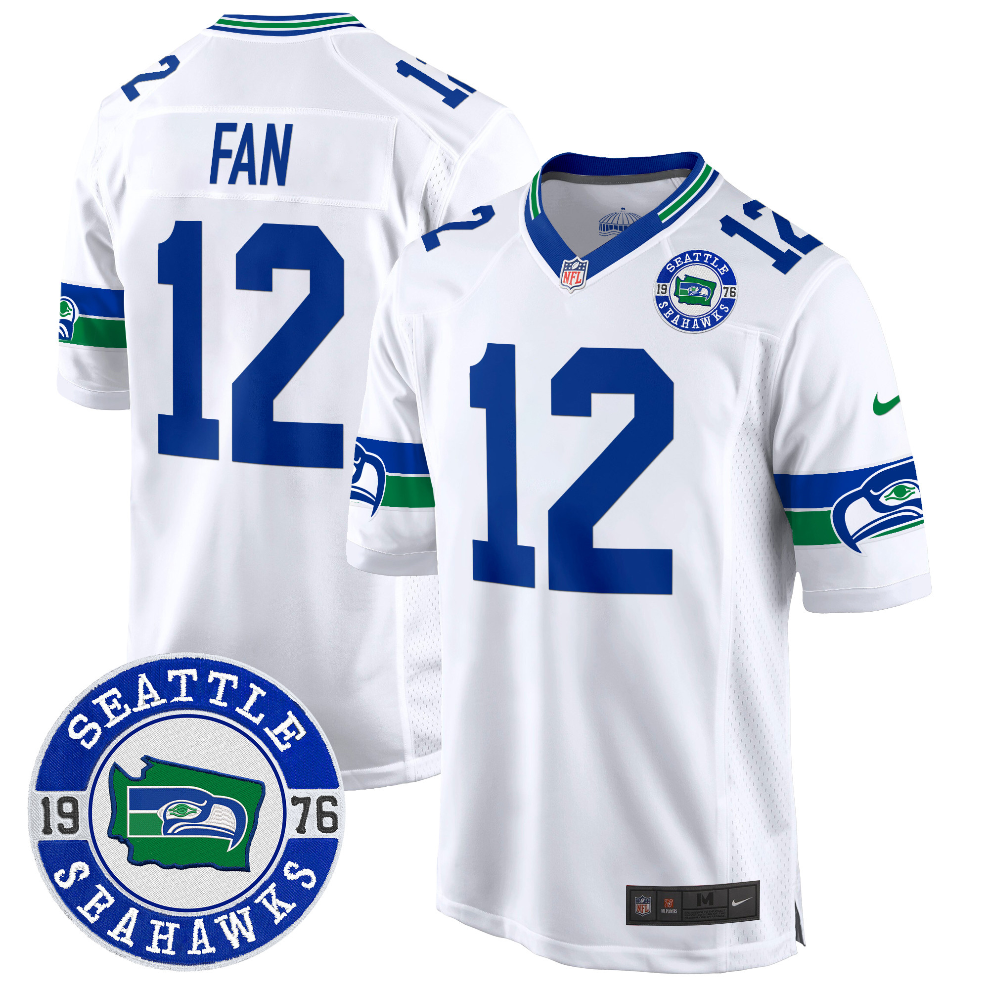 12th Fan Men's Seattle Seahawks Throwback Est. 1976 Patch Game White Jersey - All Stitched