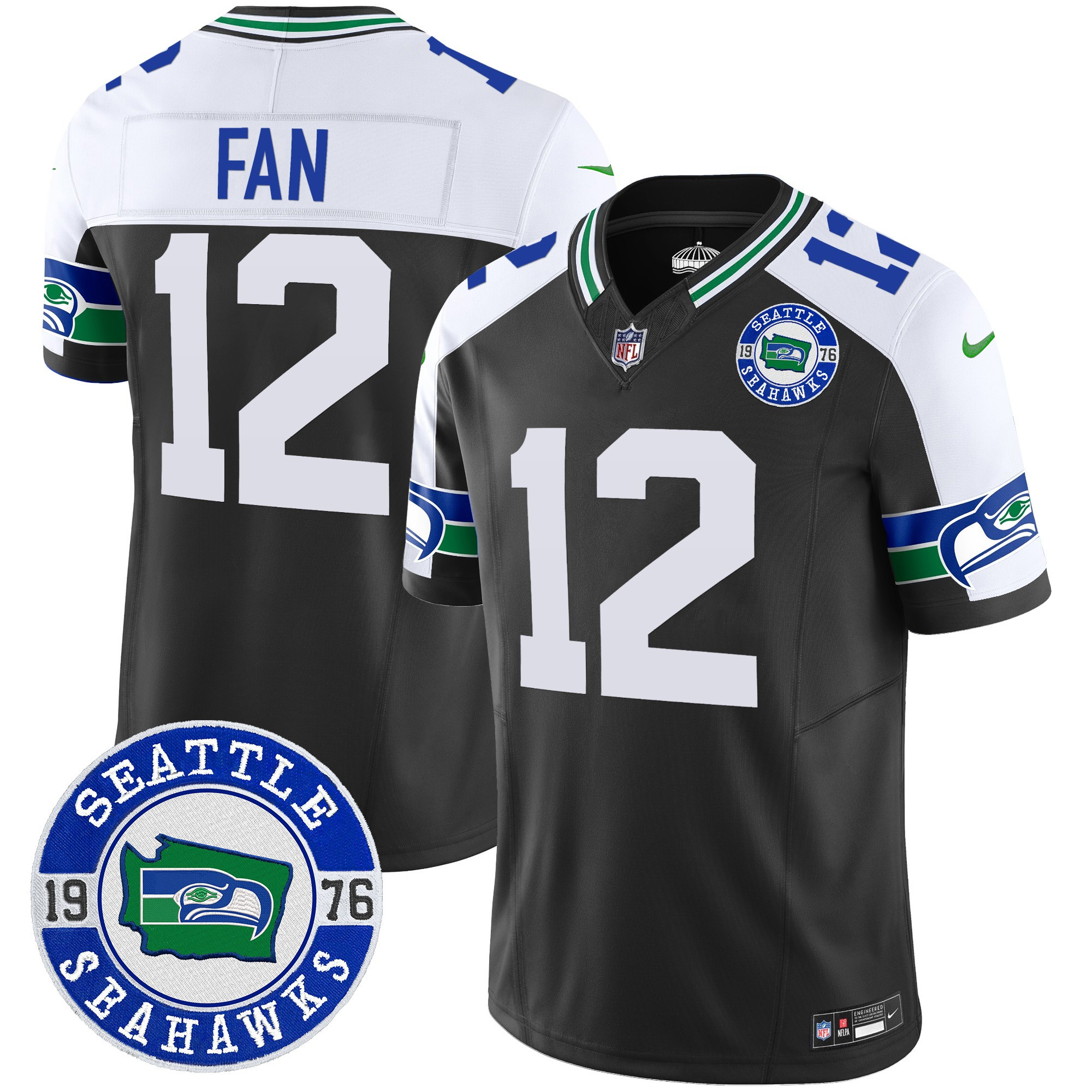 12th Fan Men's Seattle Seahawks Throwback Est. 1976 Patch Vapor Limited Black Alternate Jersey - All Stitched