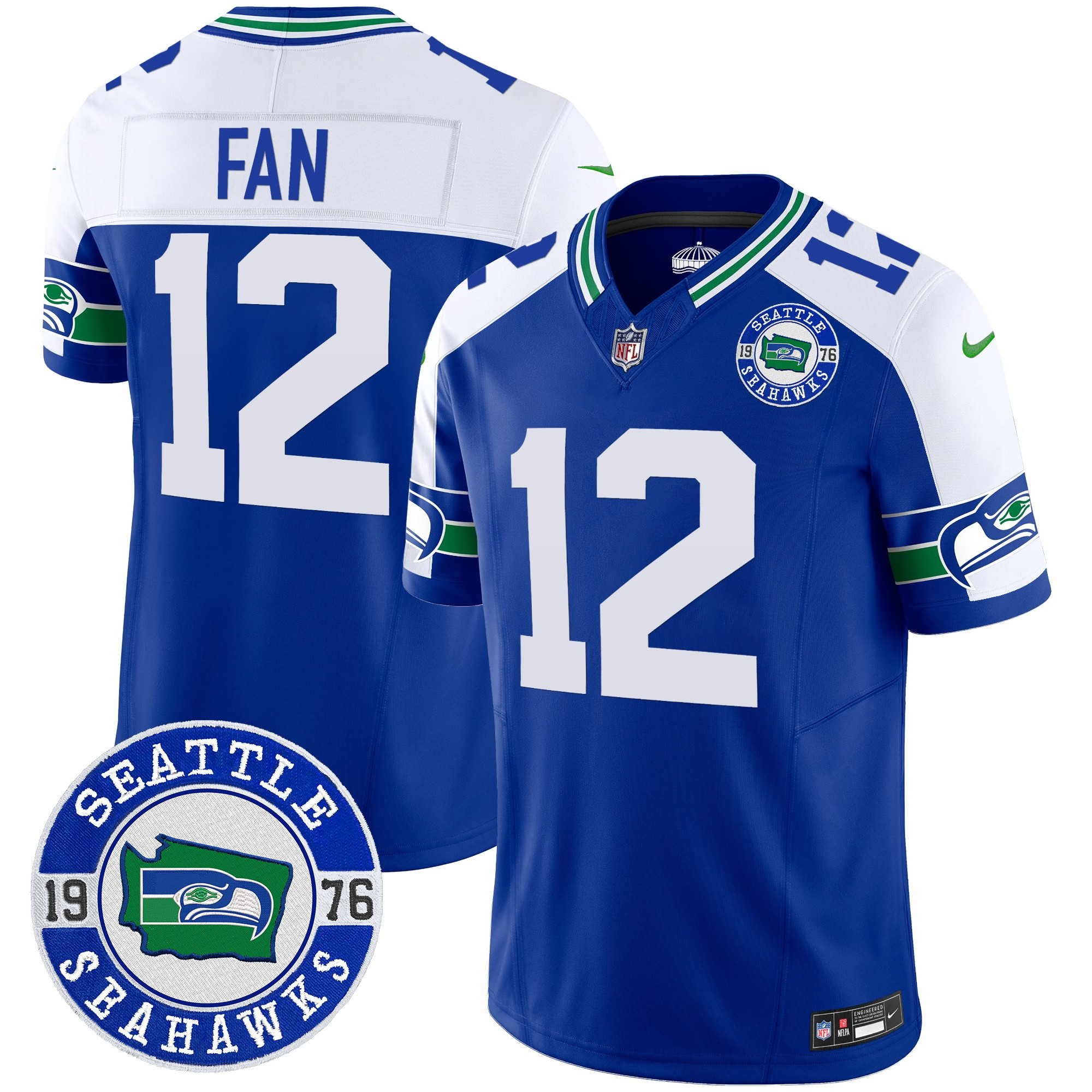 12th Fan Men's Seattle Seahawks Throwback Est. 1976 Patch Vapor Limited Royal Alternate Jersey - All Stitched