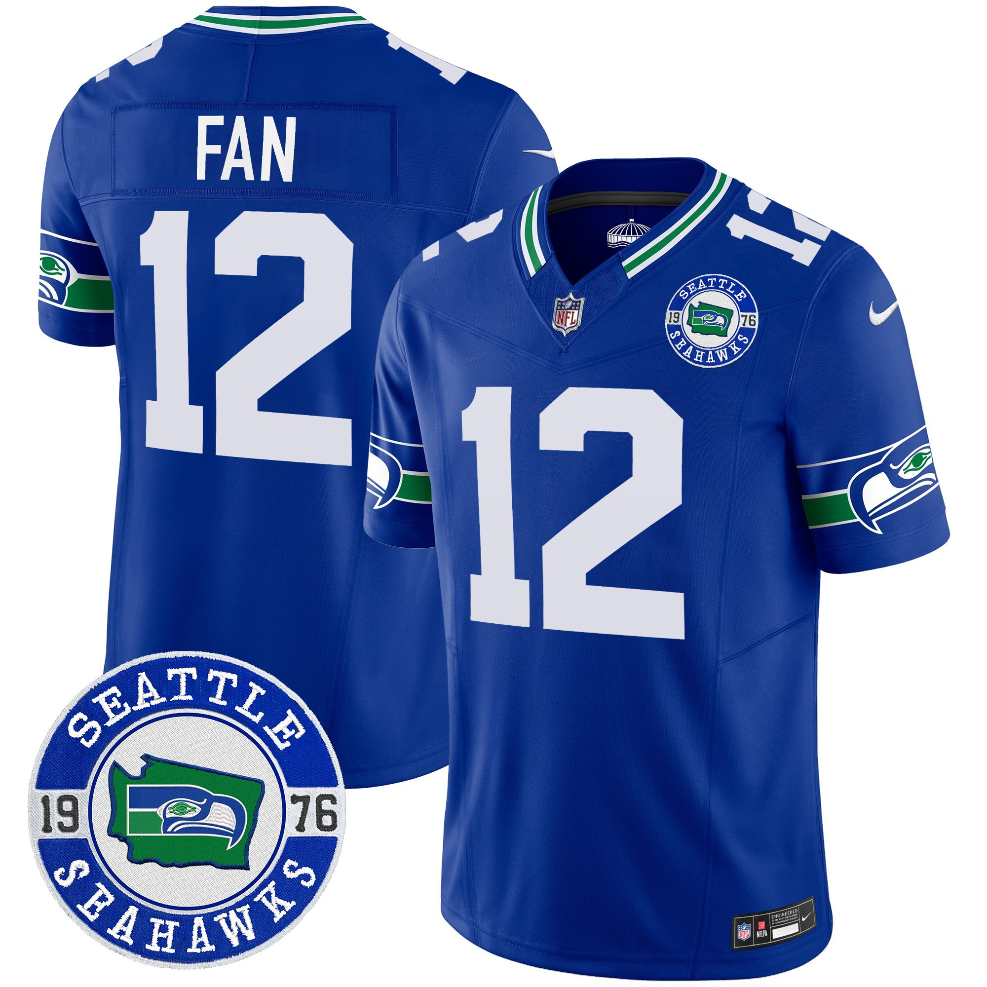 12th Fan Men's Seattle Seahawks Throwback Est. 1976 Patch Vapor Limited Royal Jersey - All Stitched